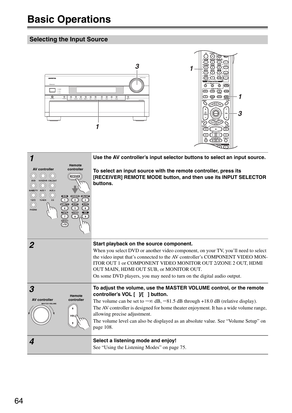 Basic operations, Selecting the input source, Basic operation | 64) an, Ttons (64) | Onkyo PR-SC886 User Manual | Page 64 / 134