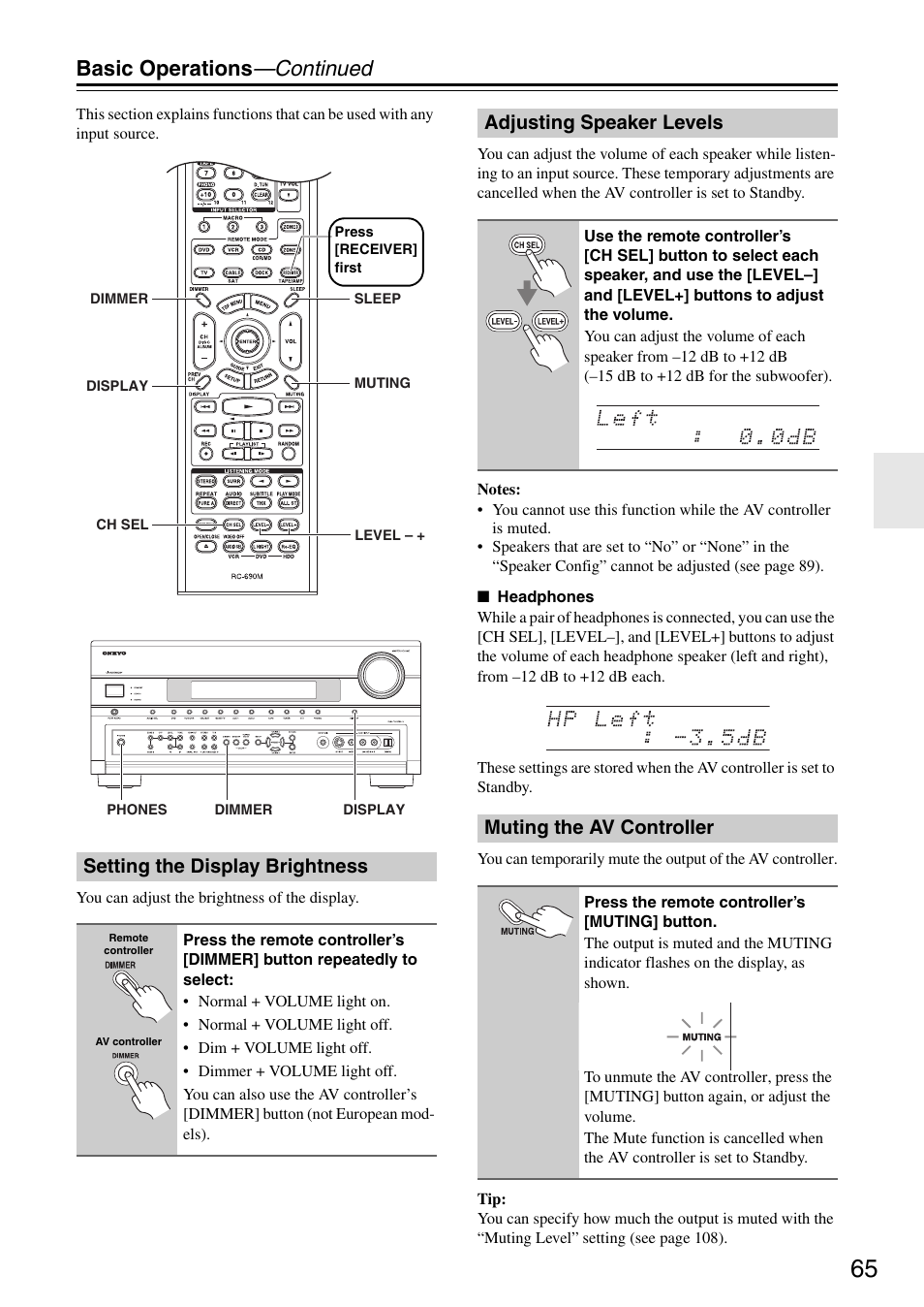 Setting the display brightness, Adjusting speaker levels, Muting the av controller | Muting indicator (65), Ons (65, 93), Tton (65), Basic operations —continued | Onkyo PR-SC886 User Manual | Page 65 / 134