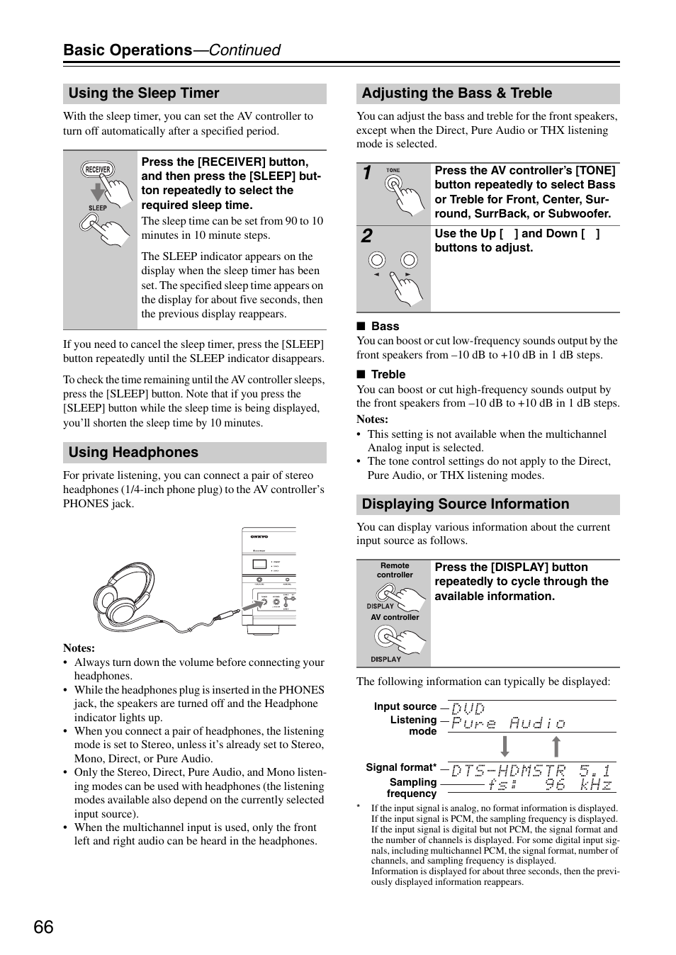 Using the sleep timer, Using headphones, Adjusting the bass & treble | Displaying source information, Tton (66), Cator (66), Basic operations —continued, Using headphones adjusting the bass & treble | Onkyo PR-SC886 User Manual | Page 66 / 134