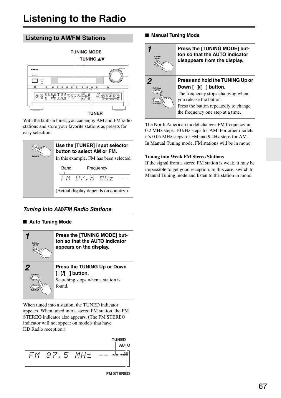 Listening to the radio, Listening to am/fm stations, Tton (67) | Tuned (67) | Onkyo PR-SC886 User Manual | Page 67 / 134