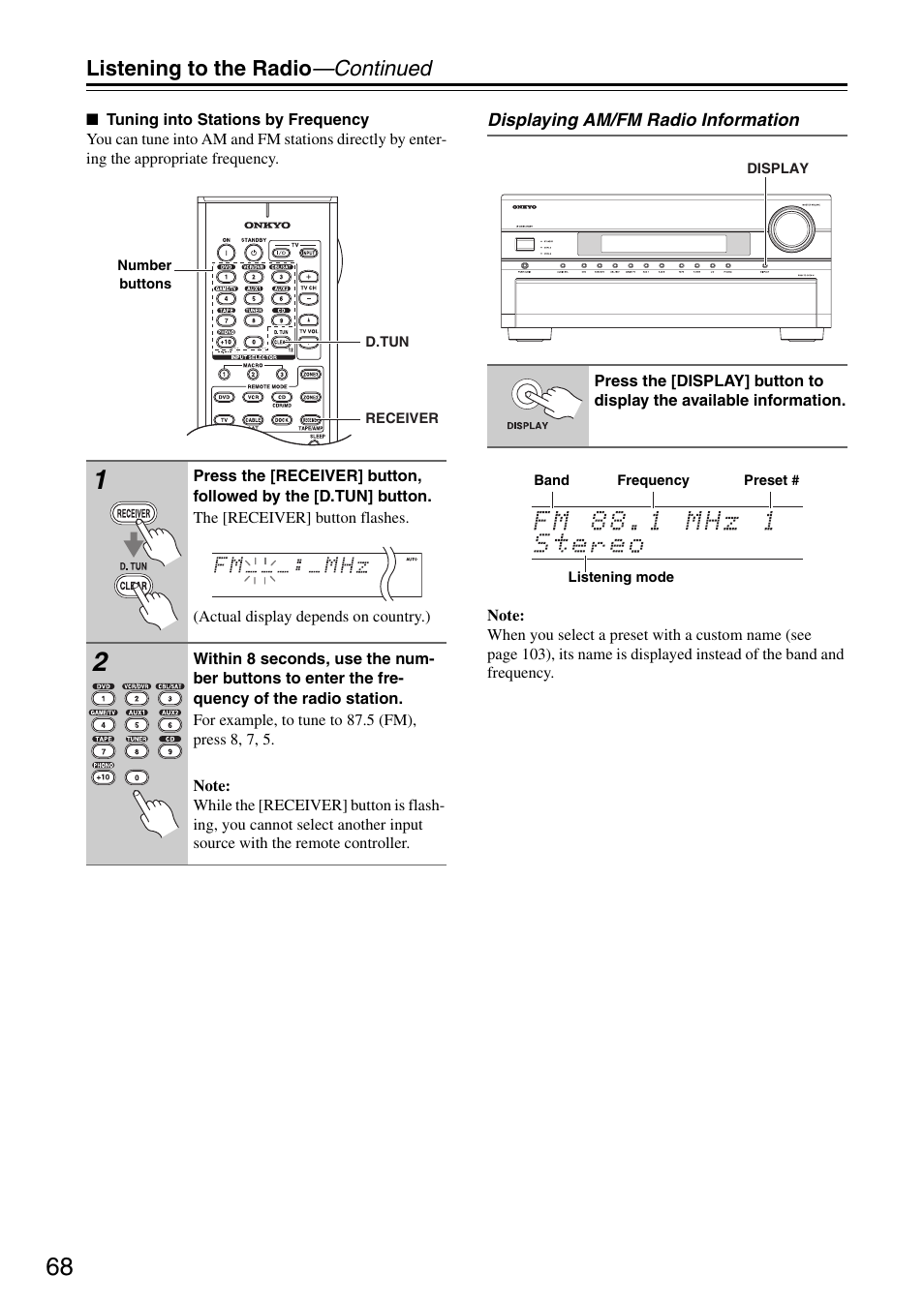 Listening to the radio —continued | Onkyo PR-SC886 User Manual | Page 68 / 134