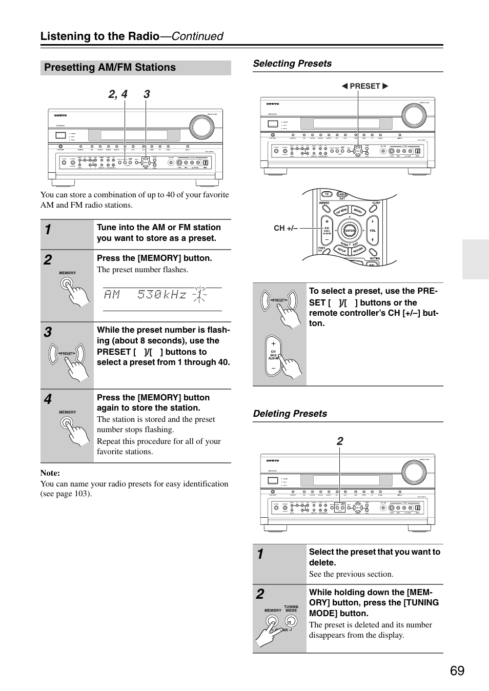 Presetting am/fm stations | Onkyo PR-SC886 User Manual | Page 69 / 134