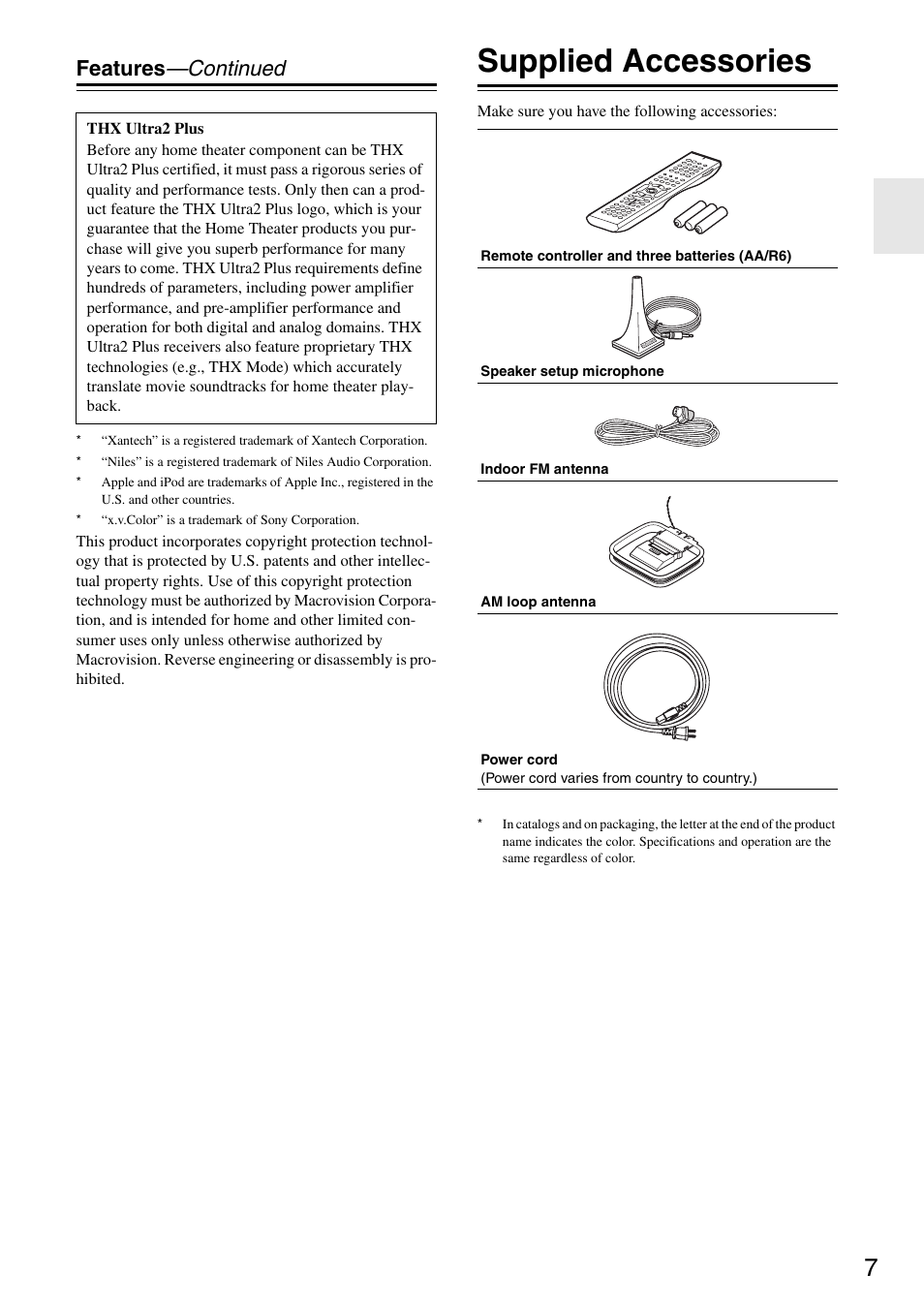Supplied accessories, Features —continued | Onkyo PR-SC886 User Manual | Page 7 / 134