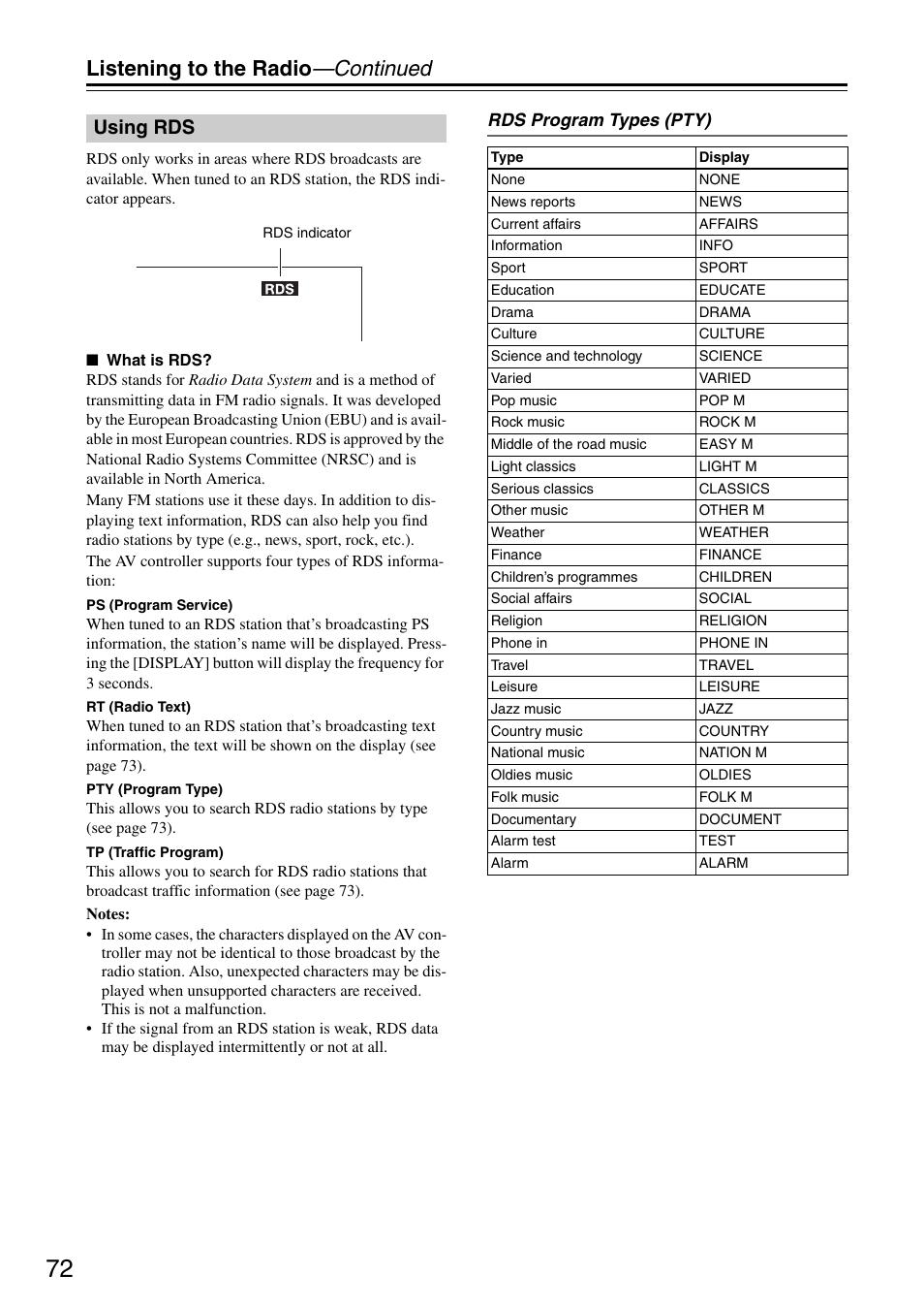 Using rds, Rds (72), Listening to the radio —continued | Onkyo PR-SC886 User Manual | Page 72 / 134