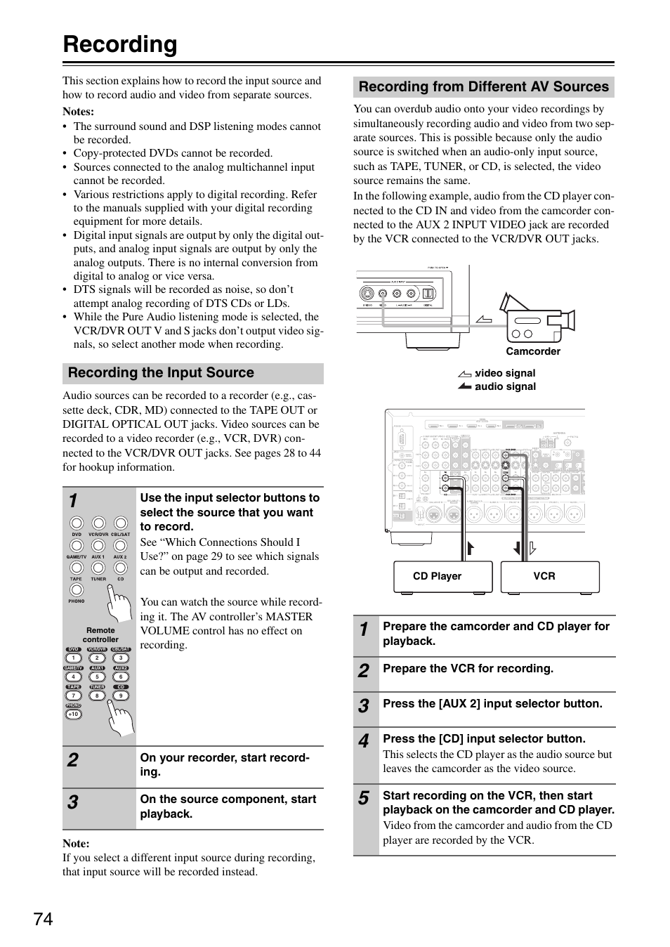 Recording, Recording the input source, Recording from different av sources | Onkyo PR-SC886 User Manual | Page 74 / 134