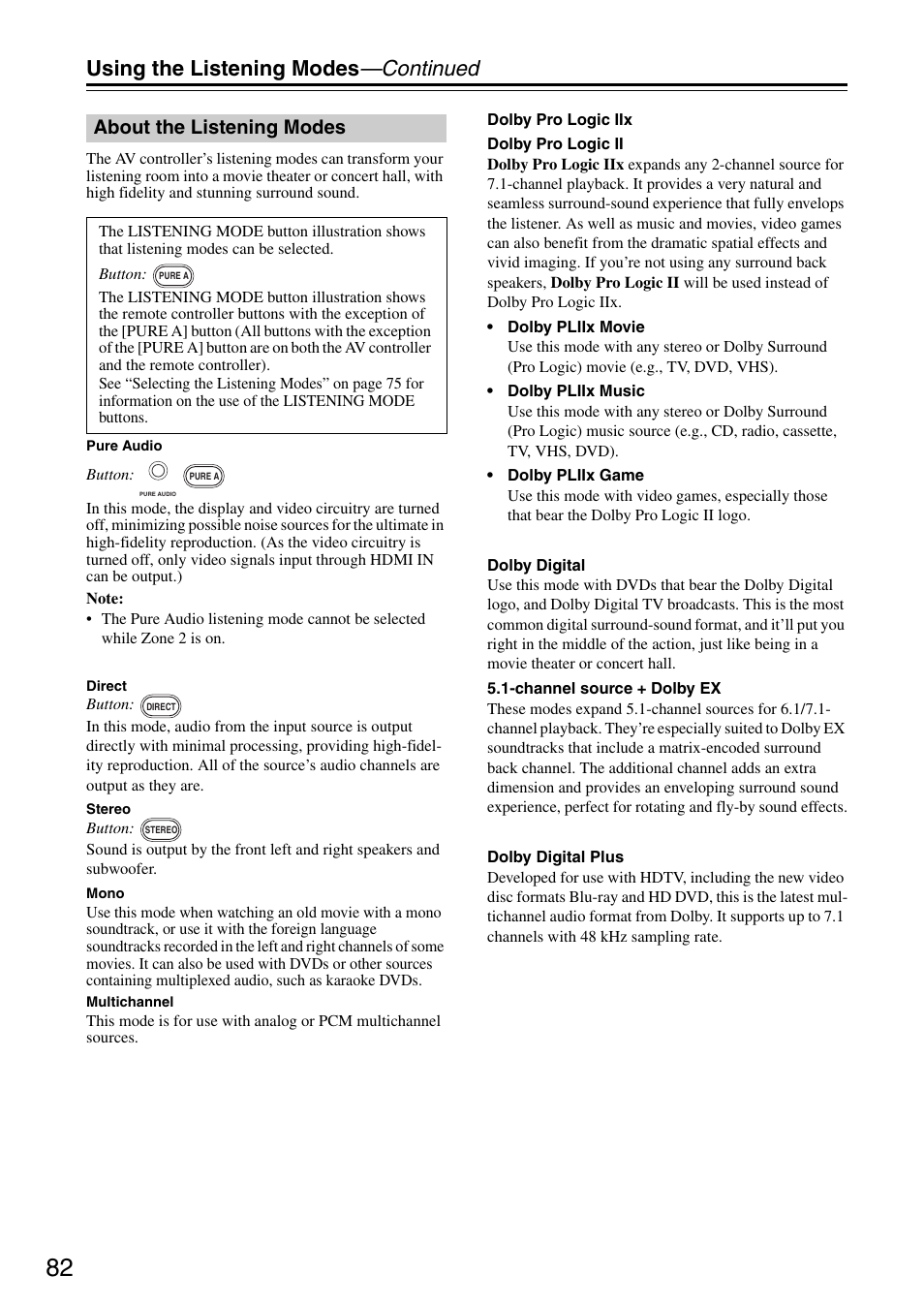 About the listening modes, Using the listening modes —continued | Onkyo PR-SC886 User Manual | Page 82 / 134