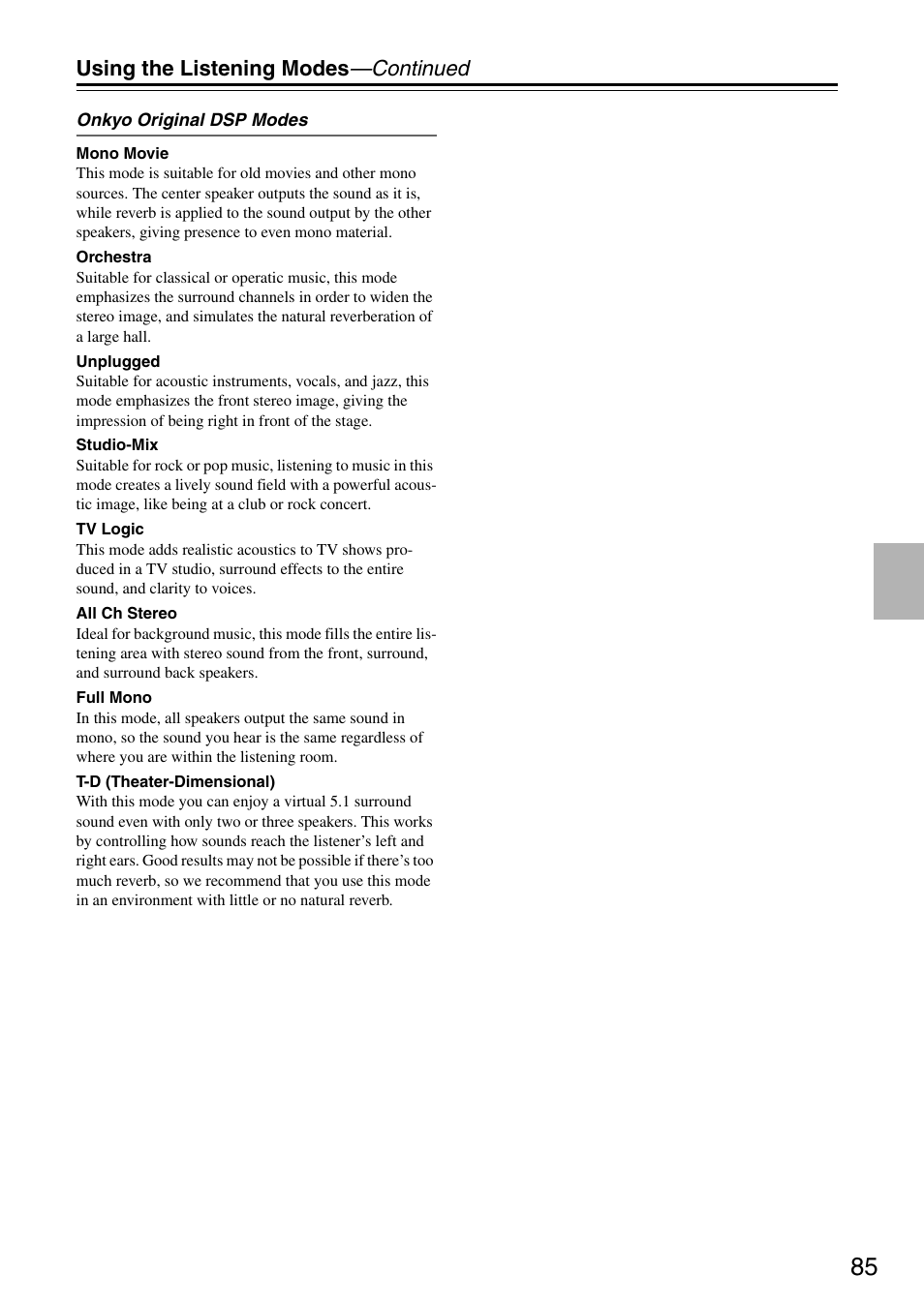 Using the listening modes —continued | Onkyo PR-SC886 User Manual | Page 85 / 134