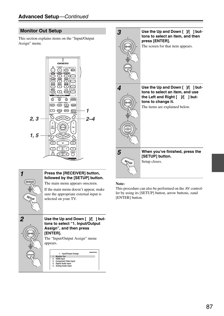 Monitor out setup, Advanced setup —continued | Onkyo PR-SC886 User Manual | Page 87 / 134