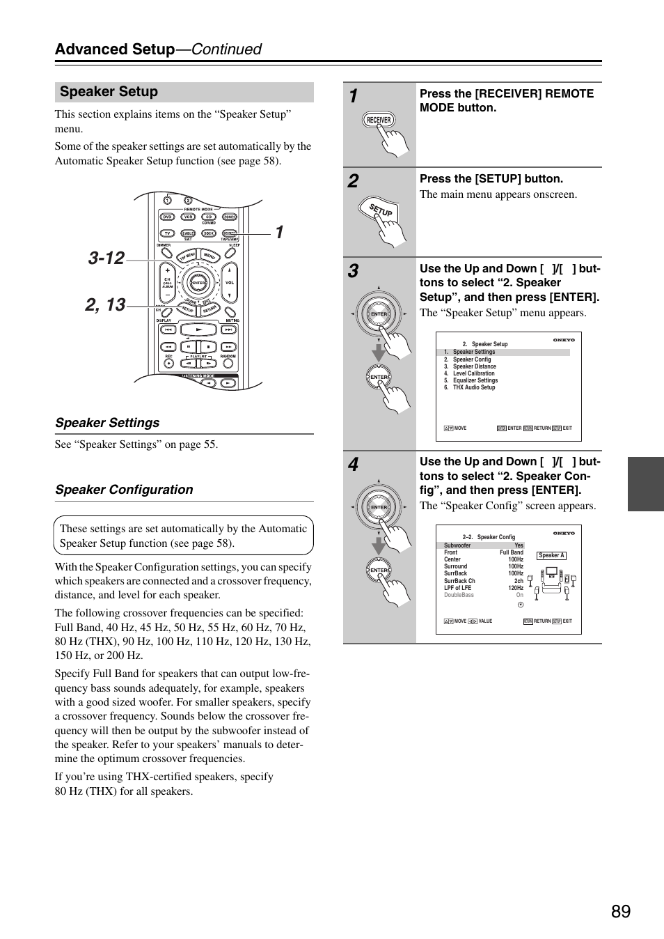 Speaker setup, Es 89–97, Advanced setup —continued | Speaker settings, Speaker configuration | Onkyo PR-SC886 User Manual | Page 89 / 134