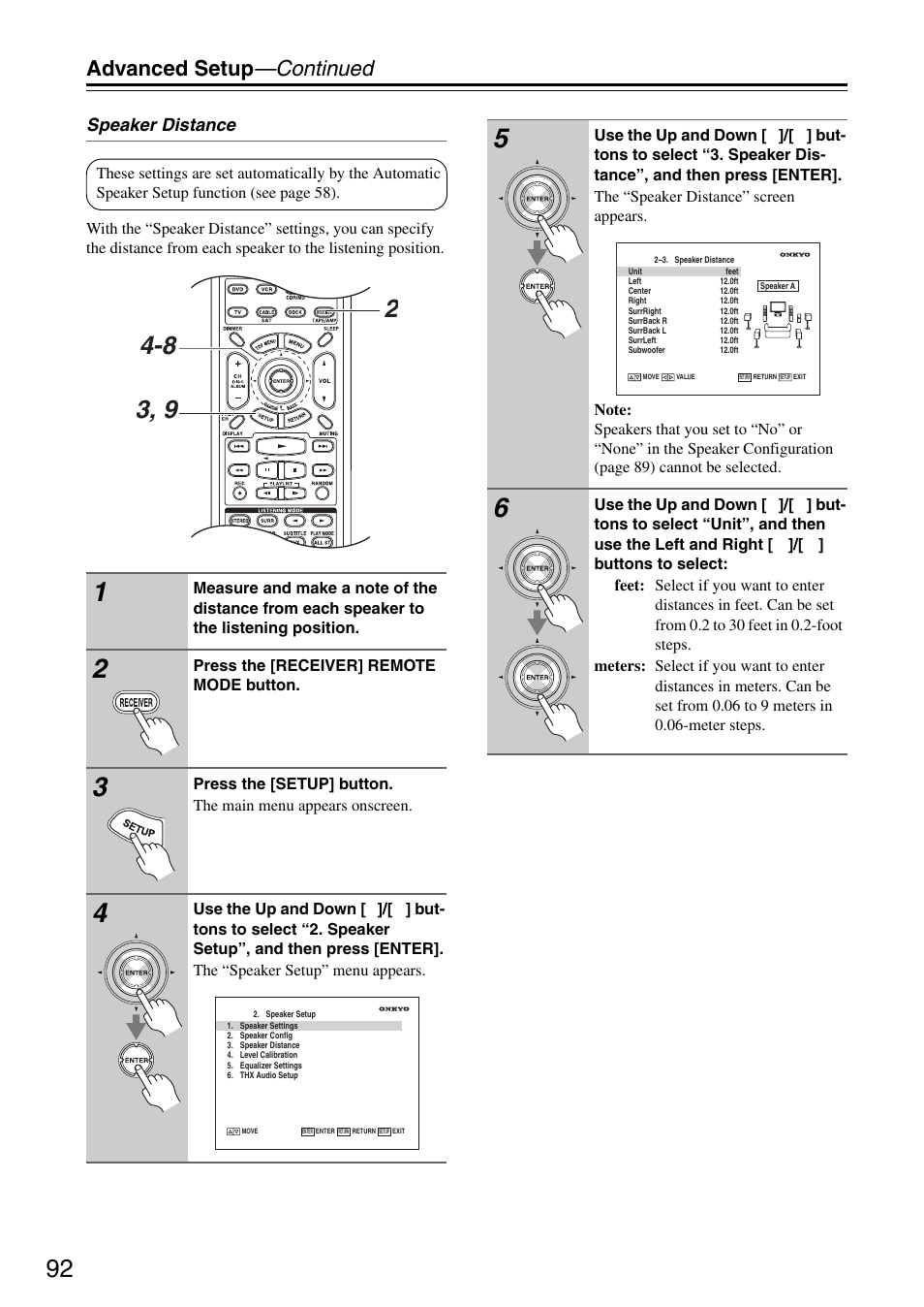 Advanced setup —continued, Speaker distance | Onkyo PR-SC886 User Manual | Page 92 / 134