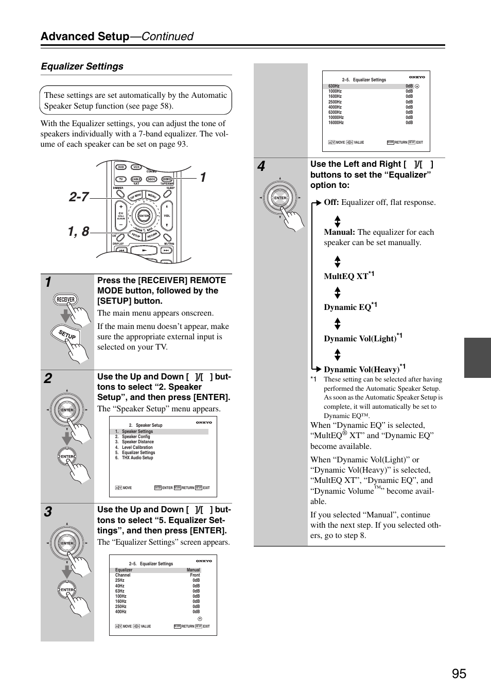 Advanced setup —continued, Equalizer settings | Onkyo PR-SC886 User Manual | Page 95 / 134