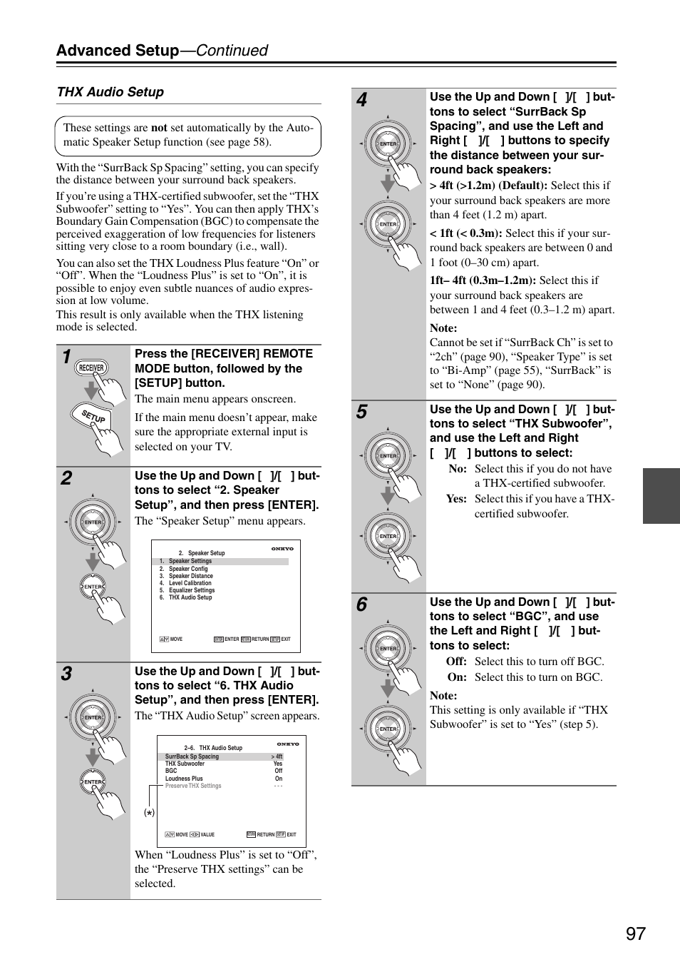 Advanced setup —continued, Thx audio setup | Onkyo PR-SC886 User Manual | Page 97 / 134