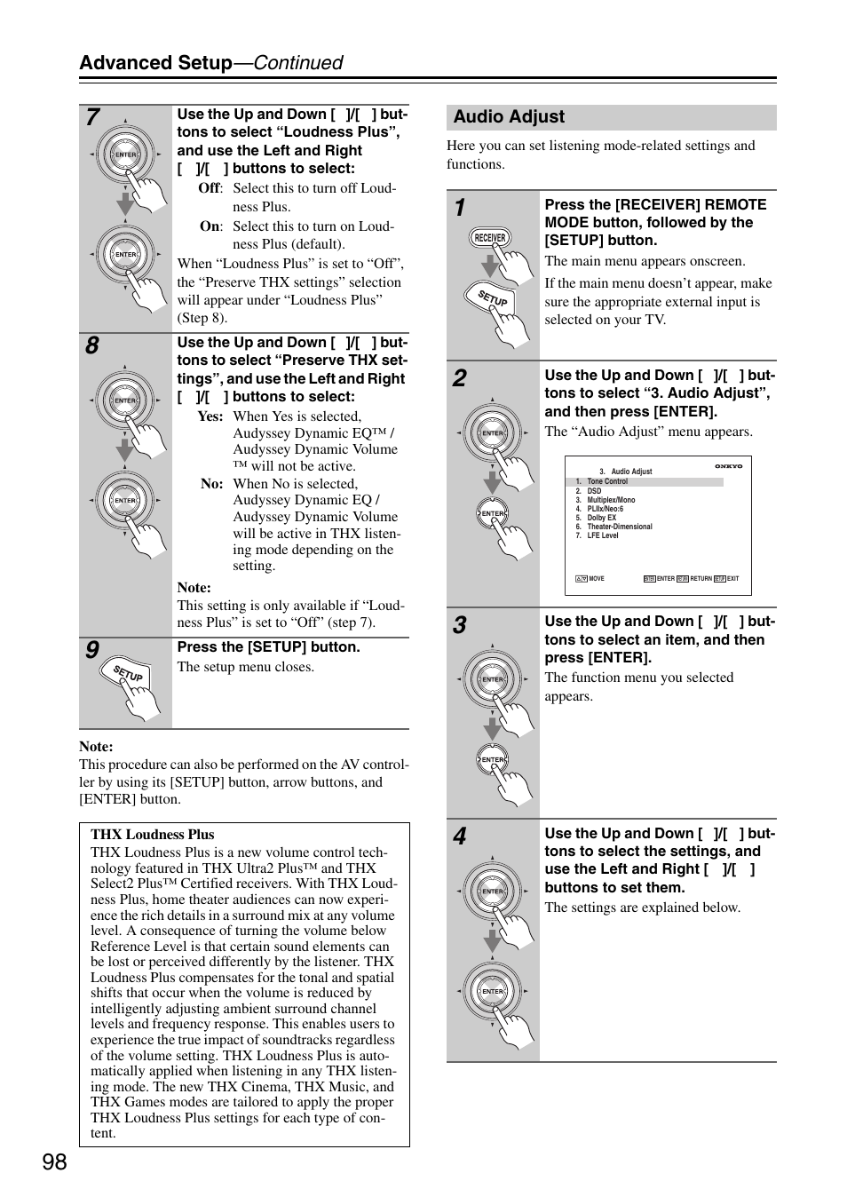 Audio adjust, Advanced setup —continued | Onkyo PR-SC886 User Manual | Page 98 / 134