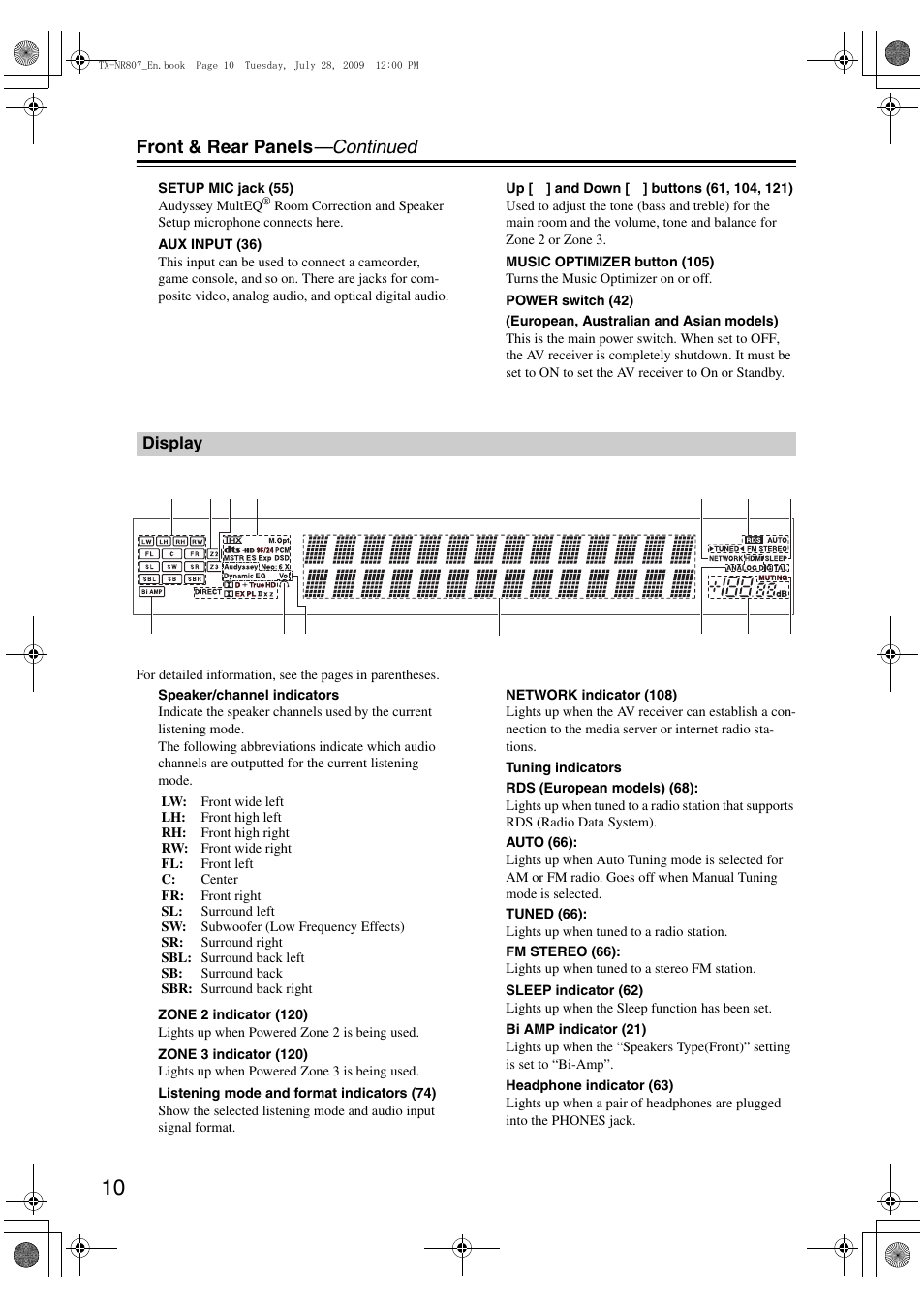 Display, Front & rear panels —continued | Onkyo HT-RC180 User Manual | Page 10 / 148