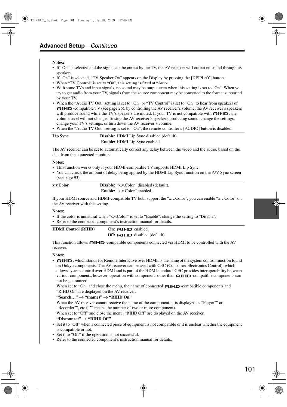 Et “hdmi control (rihd), Advanced setup —continued | Onkyo HT-RC180 User Manual | Page 101 / 148