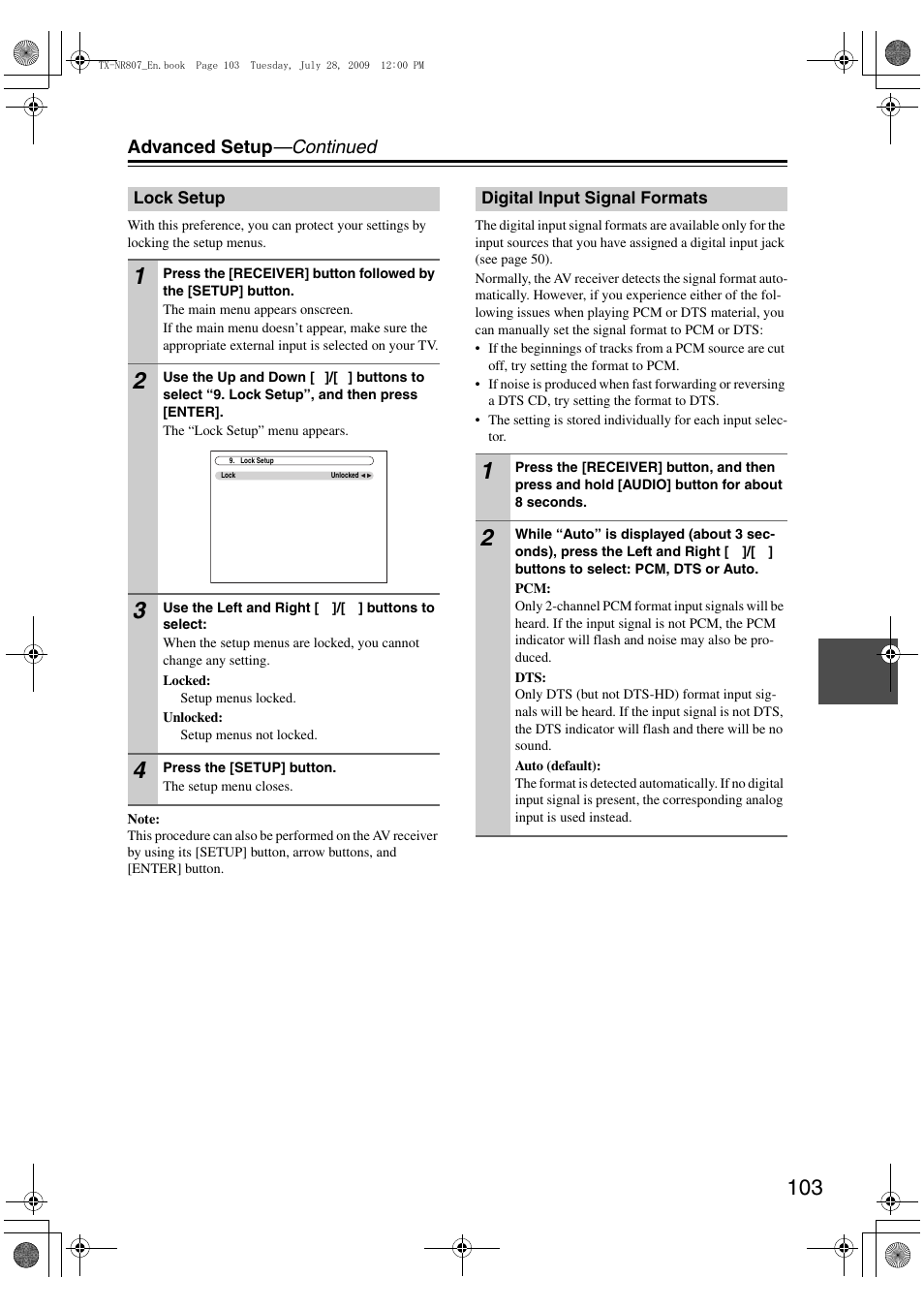 Lock setup, Digital input signal formats, Lock setup digital input signal formats | Advanced setup —continued | Onkyo HT-RC180 User Manual | Page 103 / 148