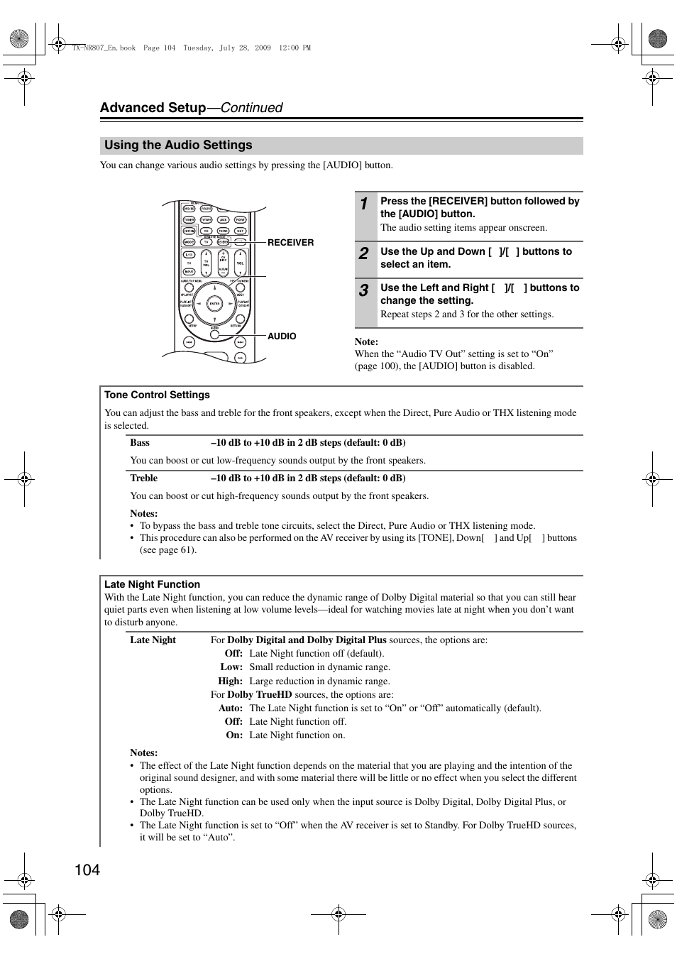 Using the audio settings, Advanced setup —continued | Onkyo HT-RC180 User Manual | Page 104 / 148