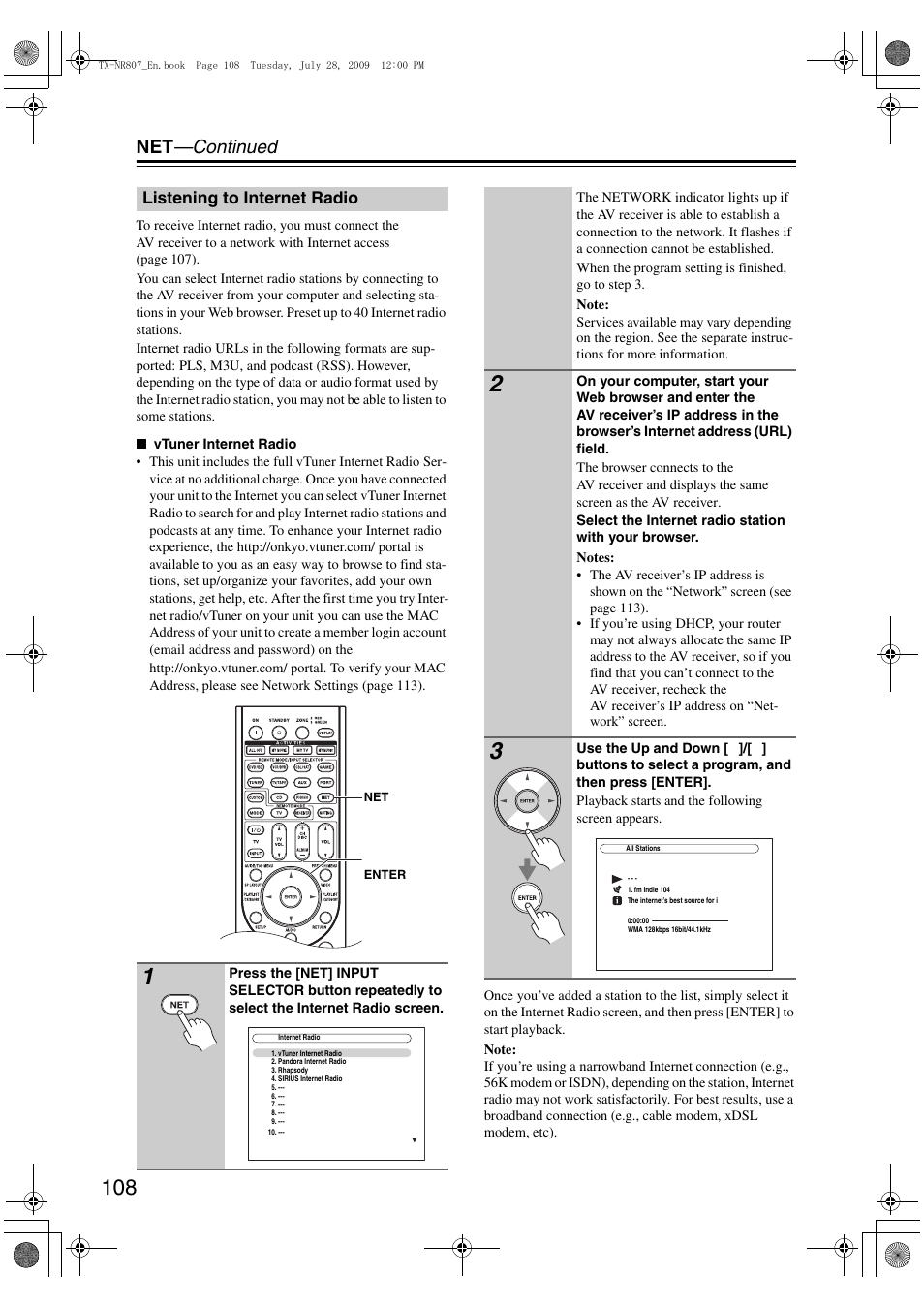 Listening to internet radio, Net —continued | Onkyo HT-RC180 User Manual | Page 108 / 148