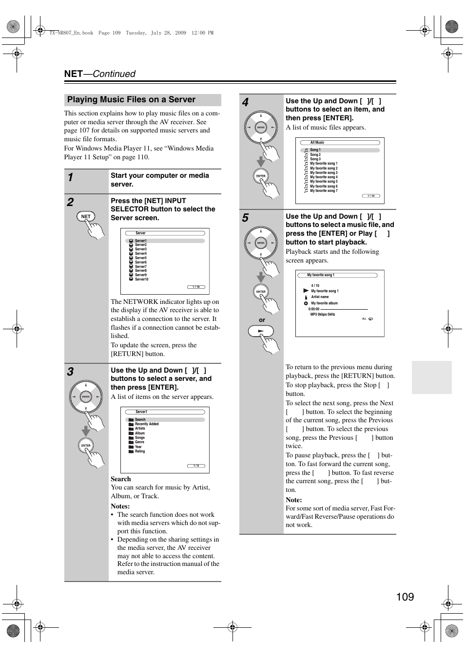 Playing music files on a server, Net —continued | Onkyo HT-RC180 User Manual | Page 109 / 148