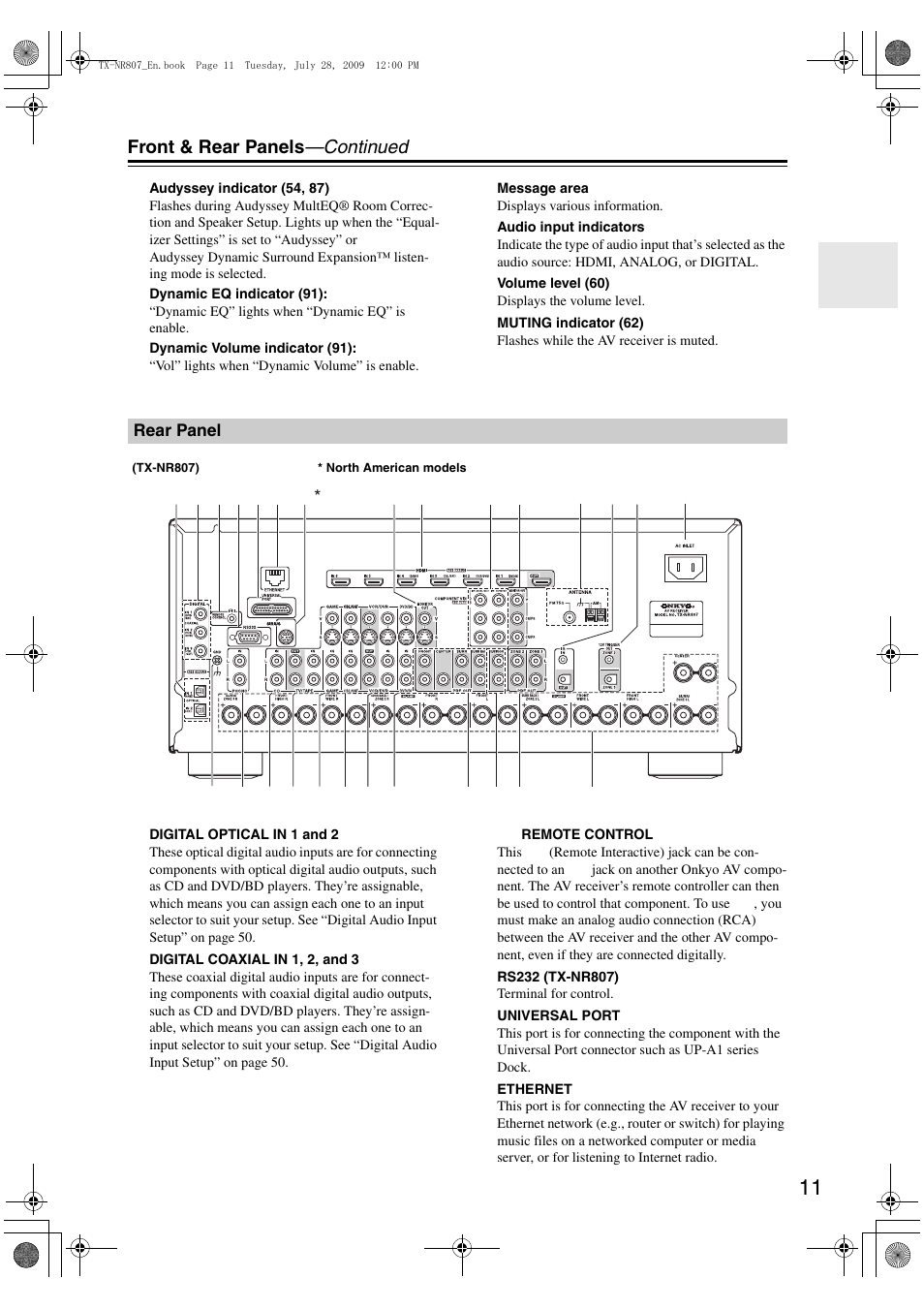 Rear panel, Front & rear panels —continued | Onkyo HT-RC180 User Manual | Page 11 / 148