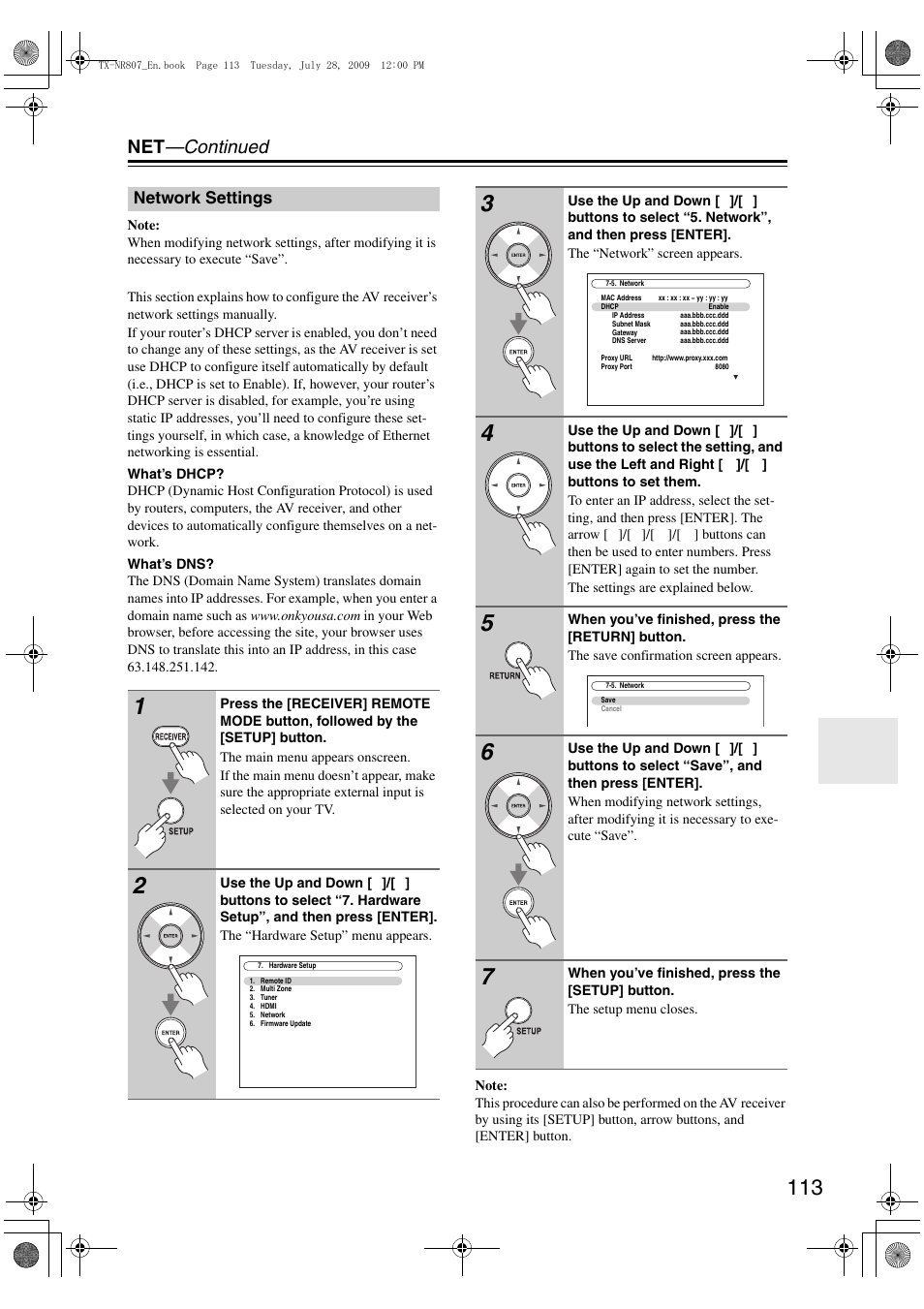 Network settings, Net —continued | Onkyo HT-RC180 User Manual | Page 113 / 148