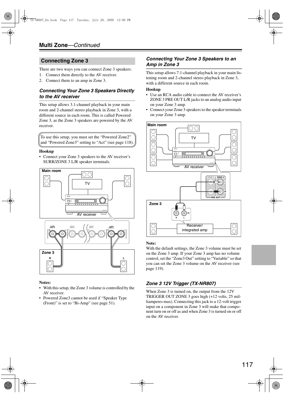 Connecting zone 3, Multi zone —continued | Onkyo HT-RC180 User Manual | Page 117 / 148