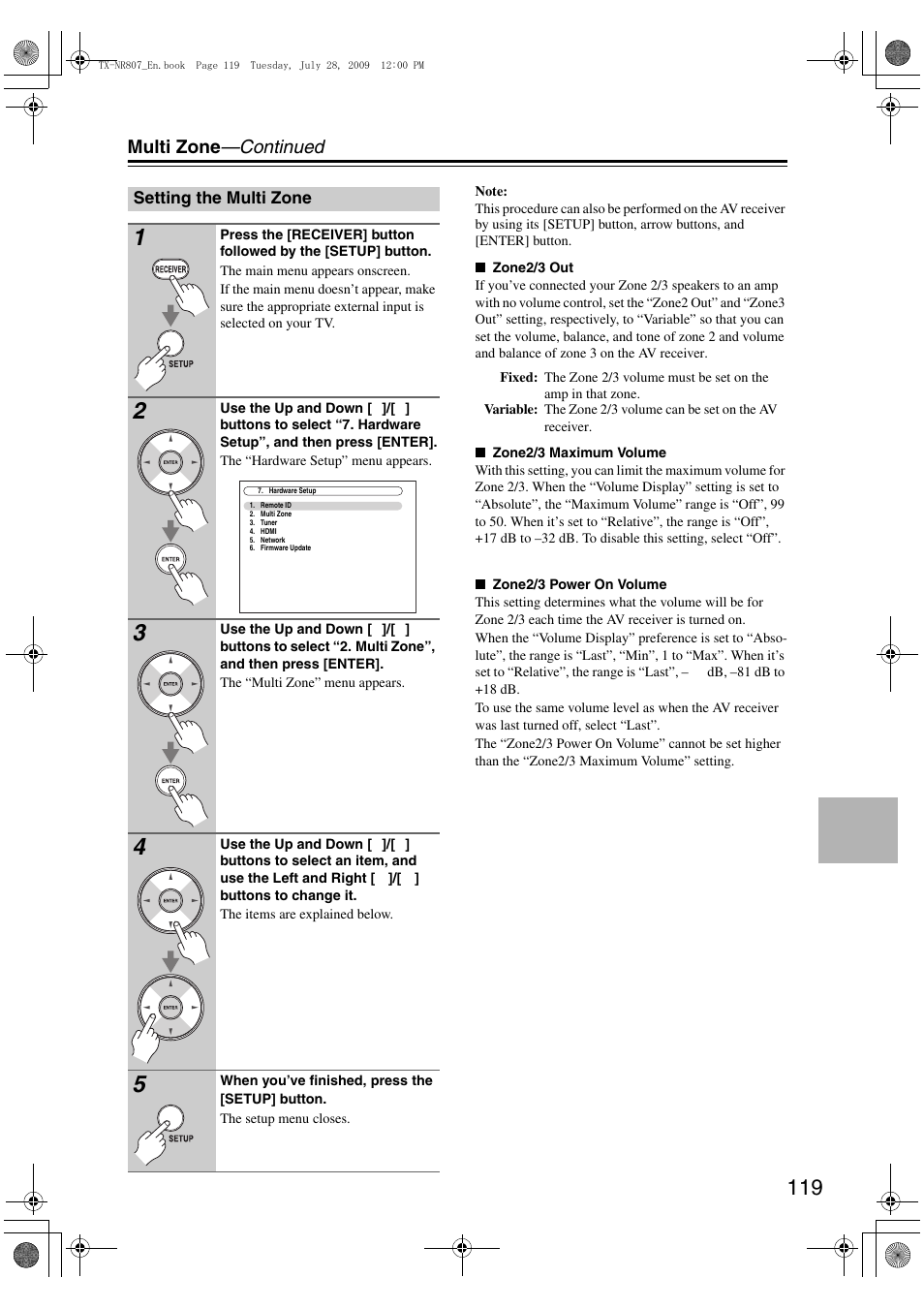 Setting the multi zone, Multi zone —continued | Onkyo HT-RC180 User Manual | Page 119 / 148