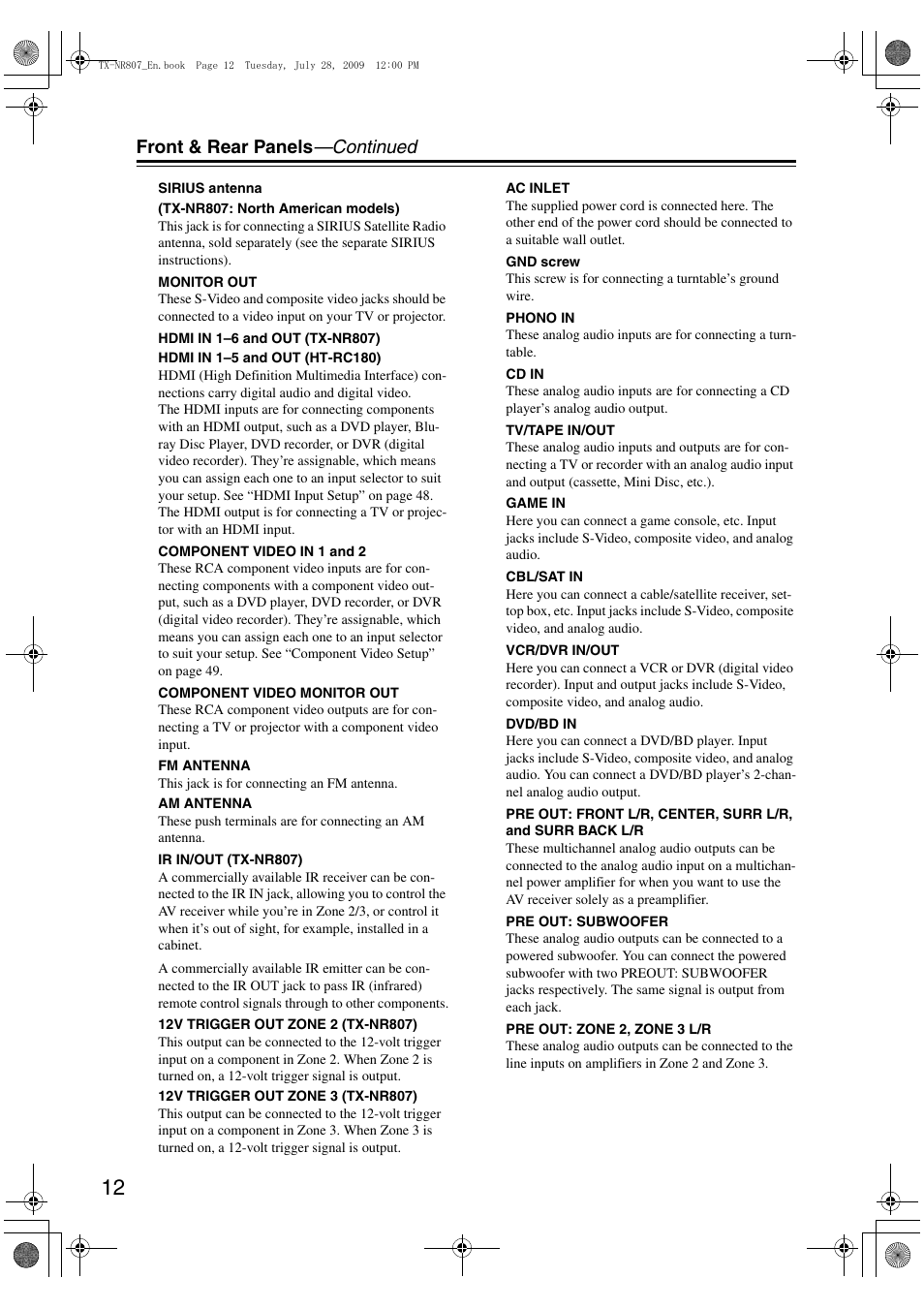 Front & rear panels —continued | Onkyo HT-RC180 User Manual | Page 12 / 148