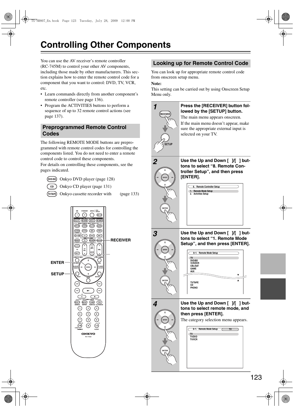 Controlling other components, Preprogrammed remote control codes, Looking up for remote control code | Onkyo HT-RC180 User Manual | Page 123 / 148