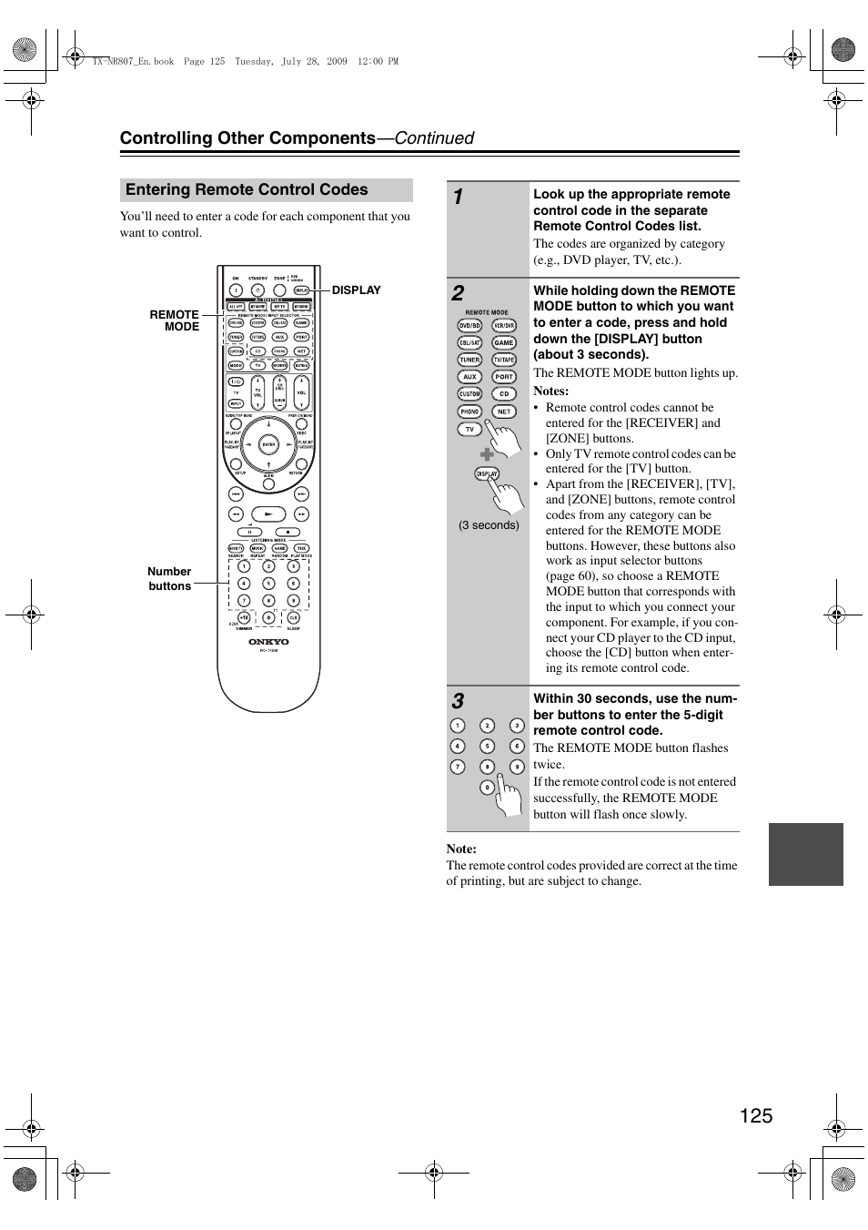 Entering remote control codes, Controlling other components —continued | Onkyo HT-RC180 User Manual | Page 125 / 148