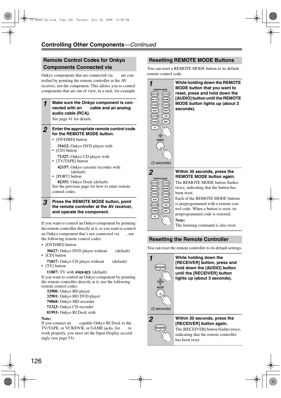 Resetting remote mode buttons, Resetting the remote controller, Remote control codes for onkyo components | Connected via, Controlling other components —continued | Onkyo HT-RC180 User Manual | Page 126 / 148