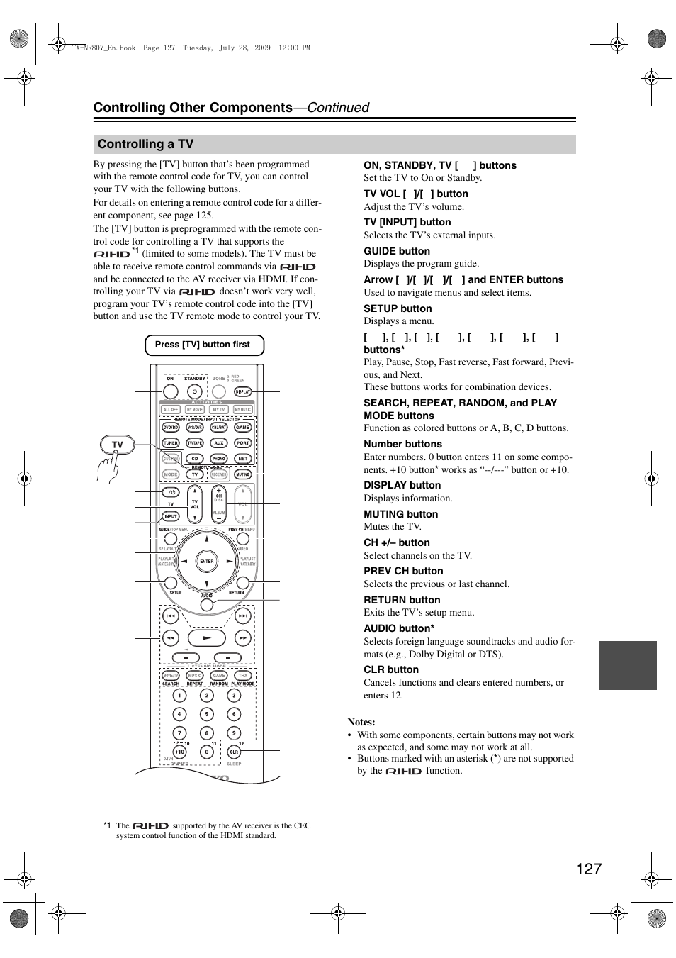 Controlling a tv, Controlling other components —continued | Onkyo HT-RC180 User Manual | Page 127 / 148