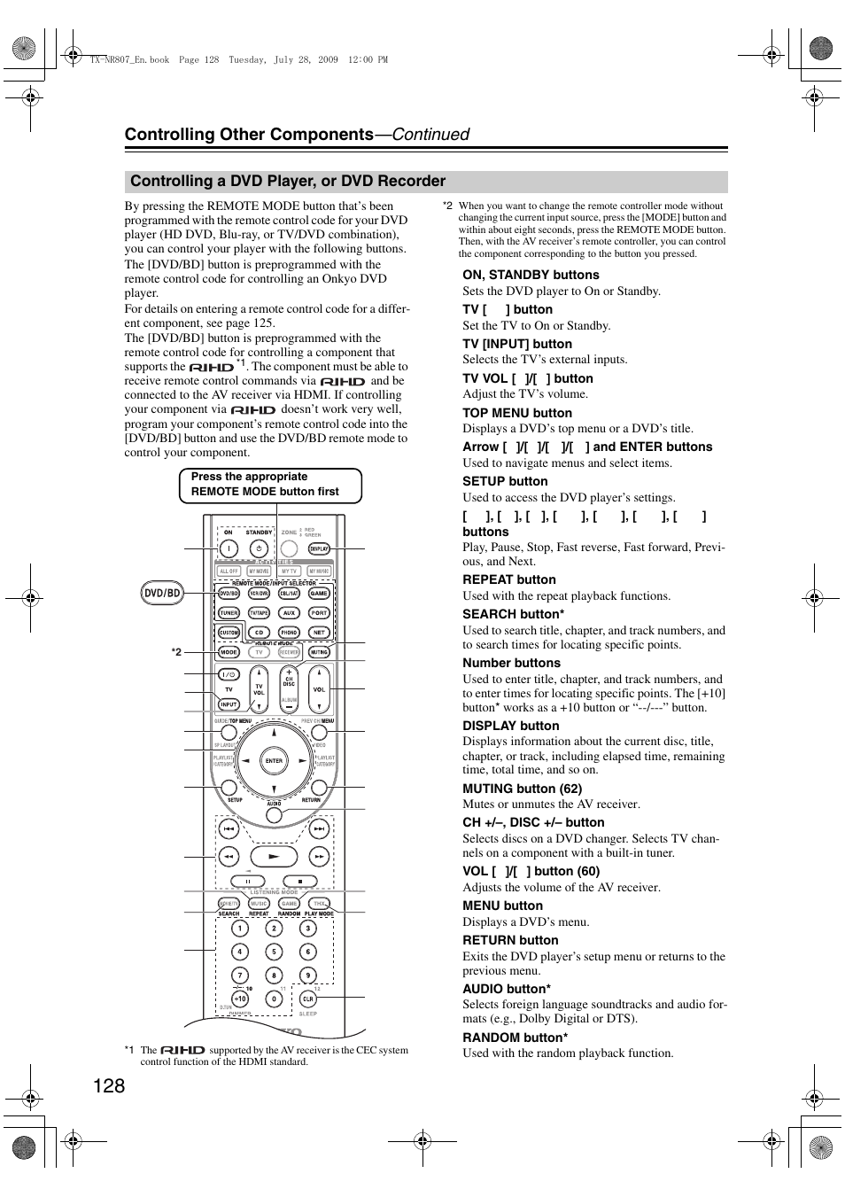 Controlling a dvd player, or dvd recorder, Controlling other components —continued | Onkyo HT-RC180 User Manual | Page 128 / 148