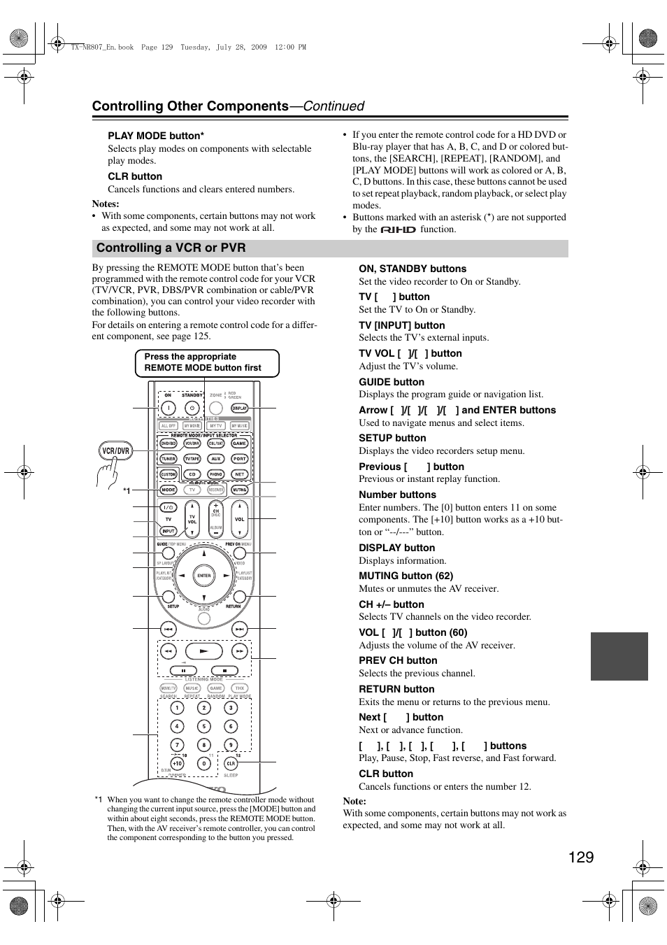 Controlling a vcr or pvr, Controlling other components —continued | Onkyo HT-RC180 User Manual | Page 129 / 148