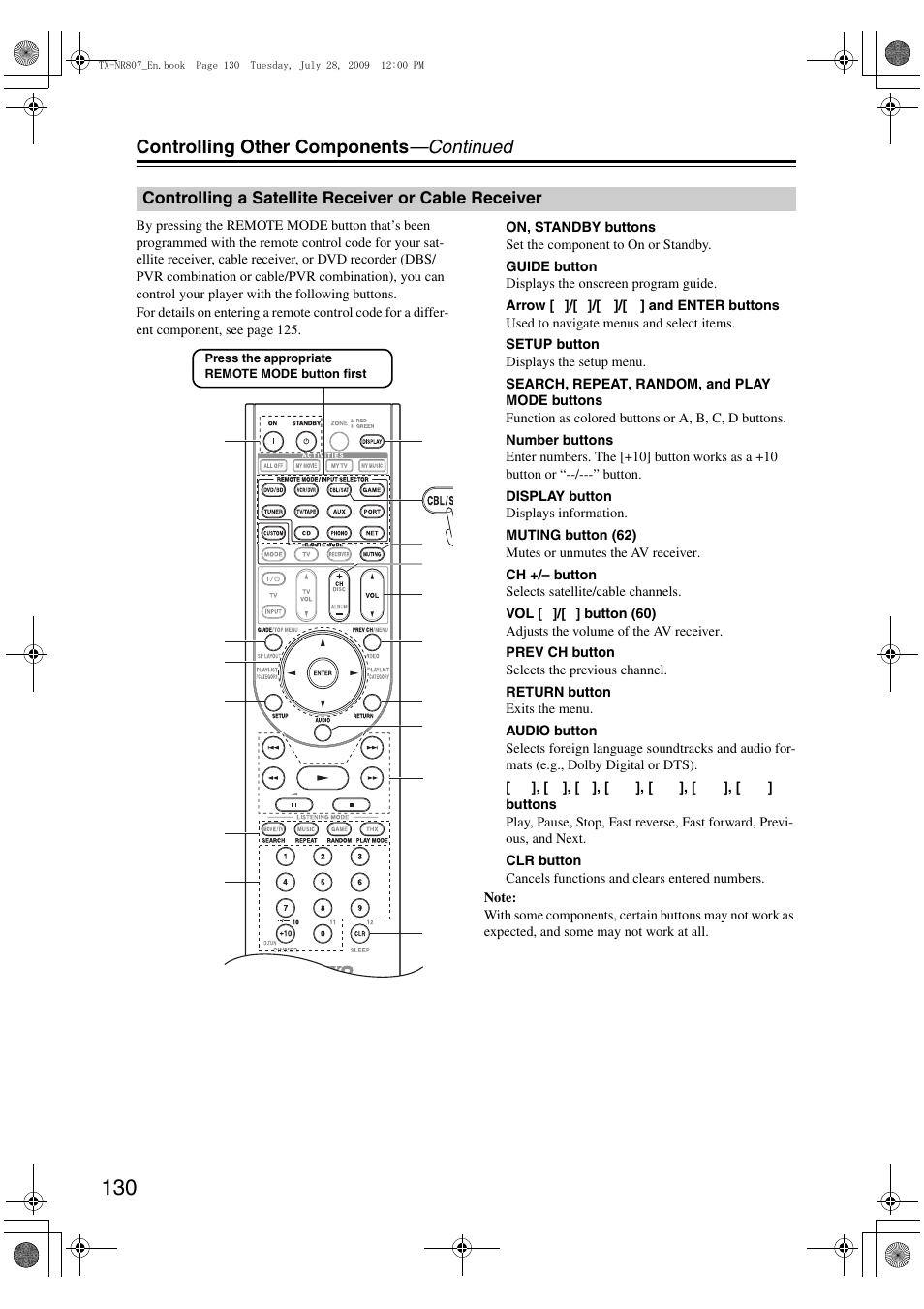 Controlling a satellite receiver or cable receiver, Controlling other components —continued | Onkyo HT-RC180 User Manual | Page 130 / 148