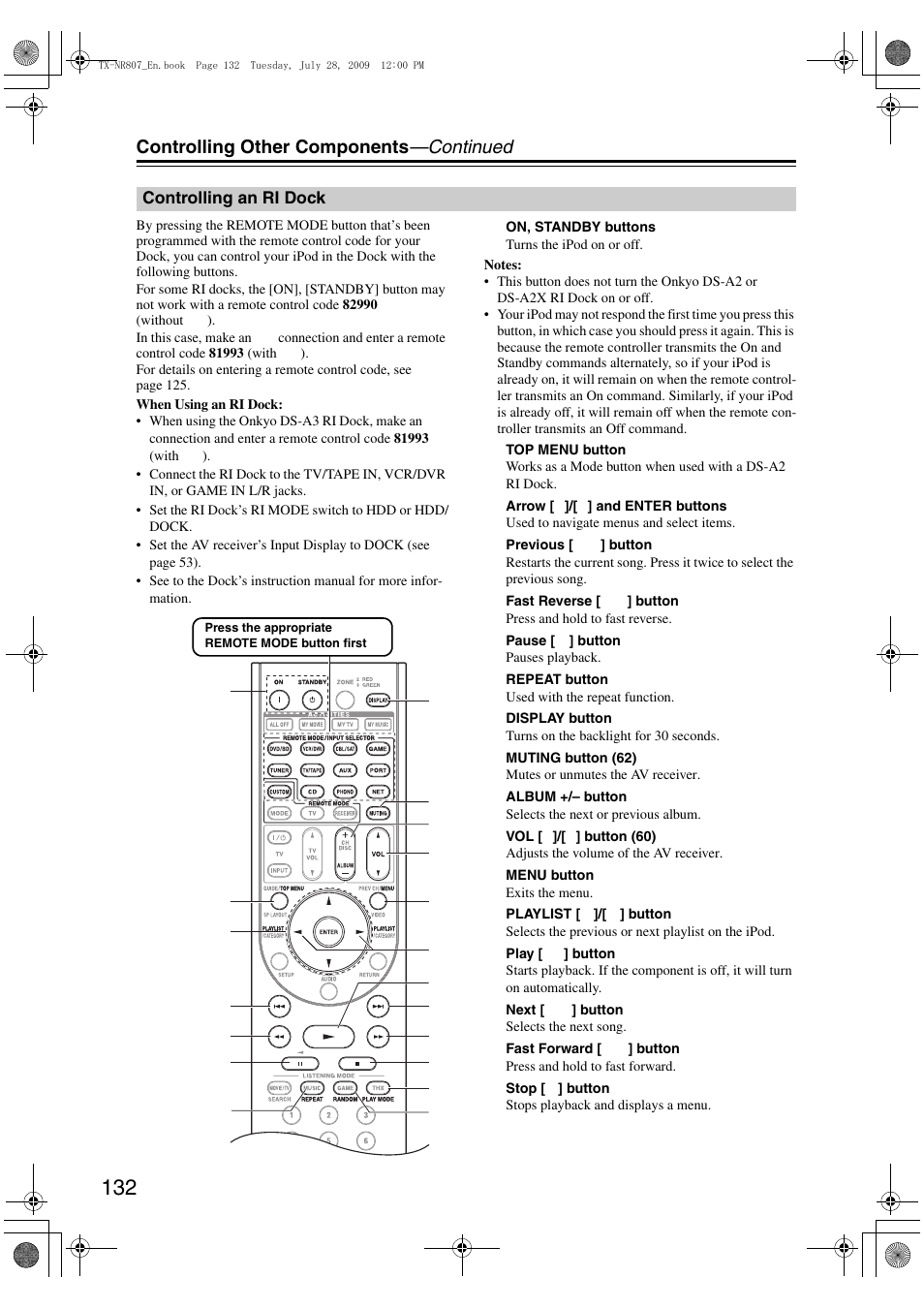 Controlling an ri dock, Controlling other components —continued | Onkyo HT-RC180 User Manual | Page 132 / 148