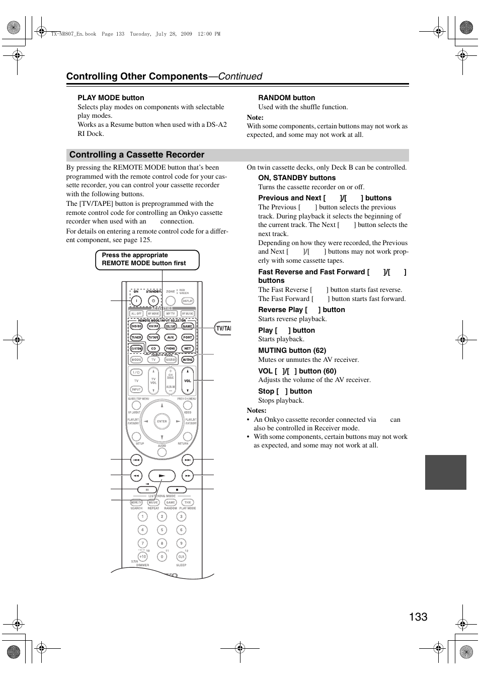 Controlling a cassette recorder, To 133), Controlling other components —continued | Onkyo HT-RC180 User Manual | Page 133 / 148