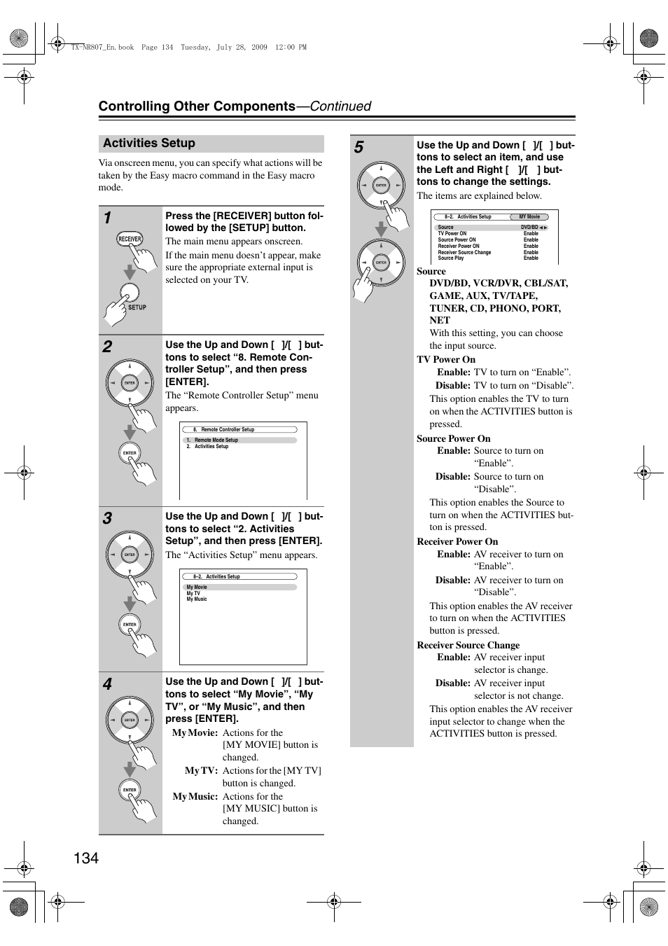 Activities setup, Controlling other components —continued | Onkyo HT-RC180 User Manual | Page 134 / 148