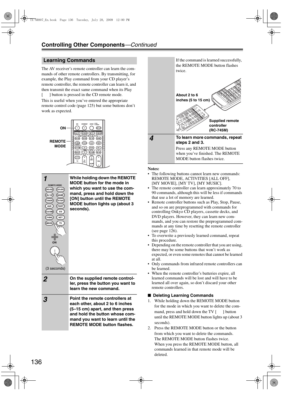 Learning commands, Controlling other components —continued, 3 seconds) | On remote mode | Onkyo HT-RC180 User Manual | Page 136 / 148