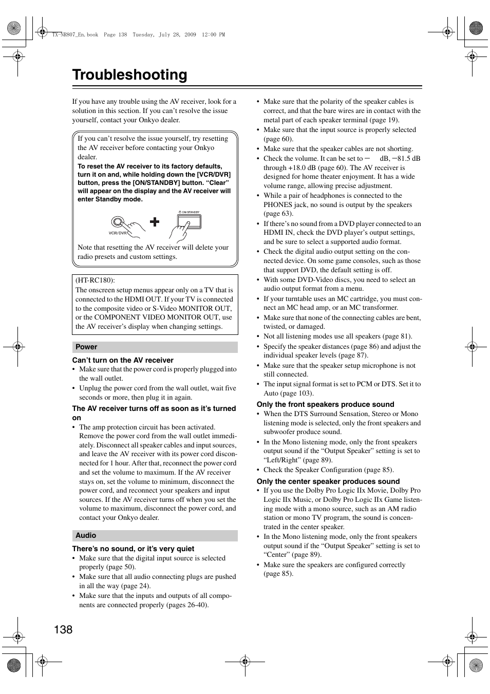 Troubleshooting | Onkyo HT-RC180 User Manual | Page 138 / 148