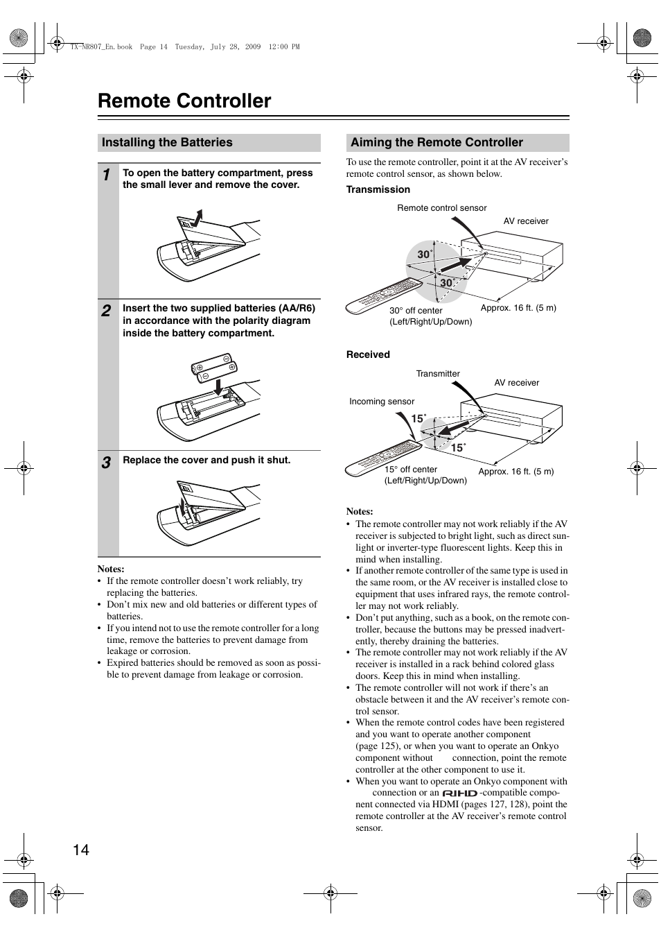 Remote controller, Installing the batteries, Aiming the remote controller | Or/transmitter (14) | Onkyo HT-RC180 User Manual | Page 14 / 148