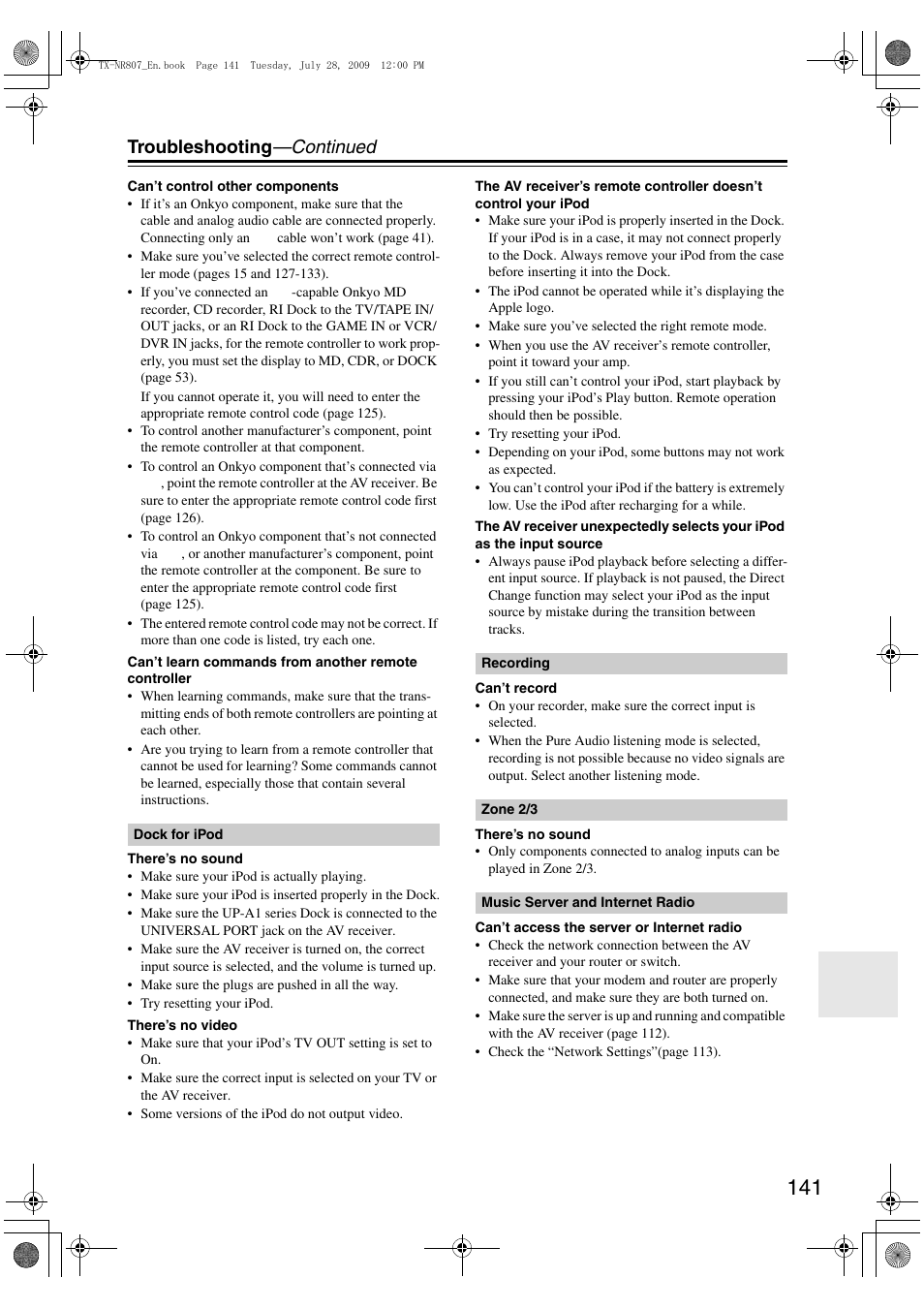 Troubleshooting —continued | Onkyo HT-RC180 User Manual | Page 141 / 148