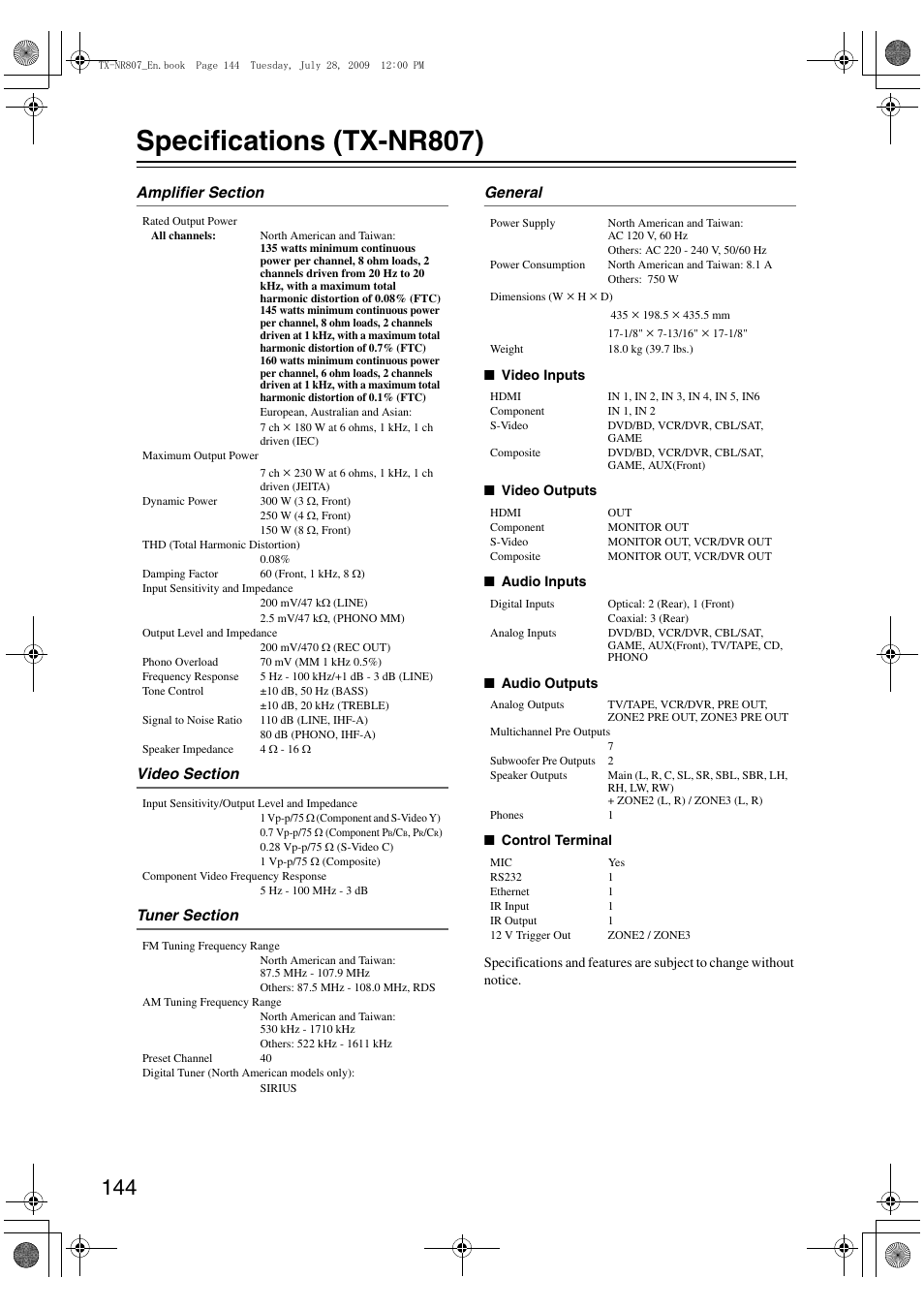 Specifications (tx-nr807) | Onkyo HT-RC180 User Manual | Page 144 / 148