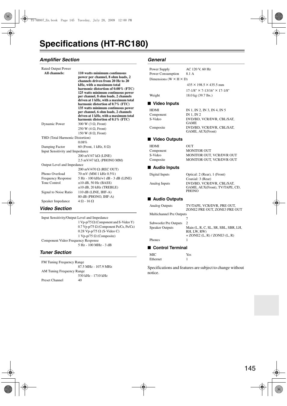 Specifications (ht-rc180) | Onkyo HT-RC180 User Manual | Page 145 / 148
