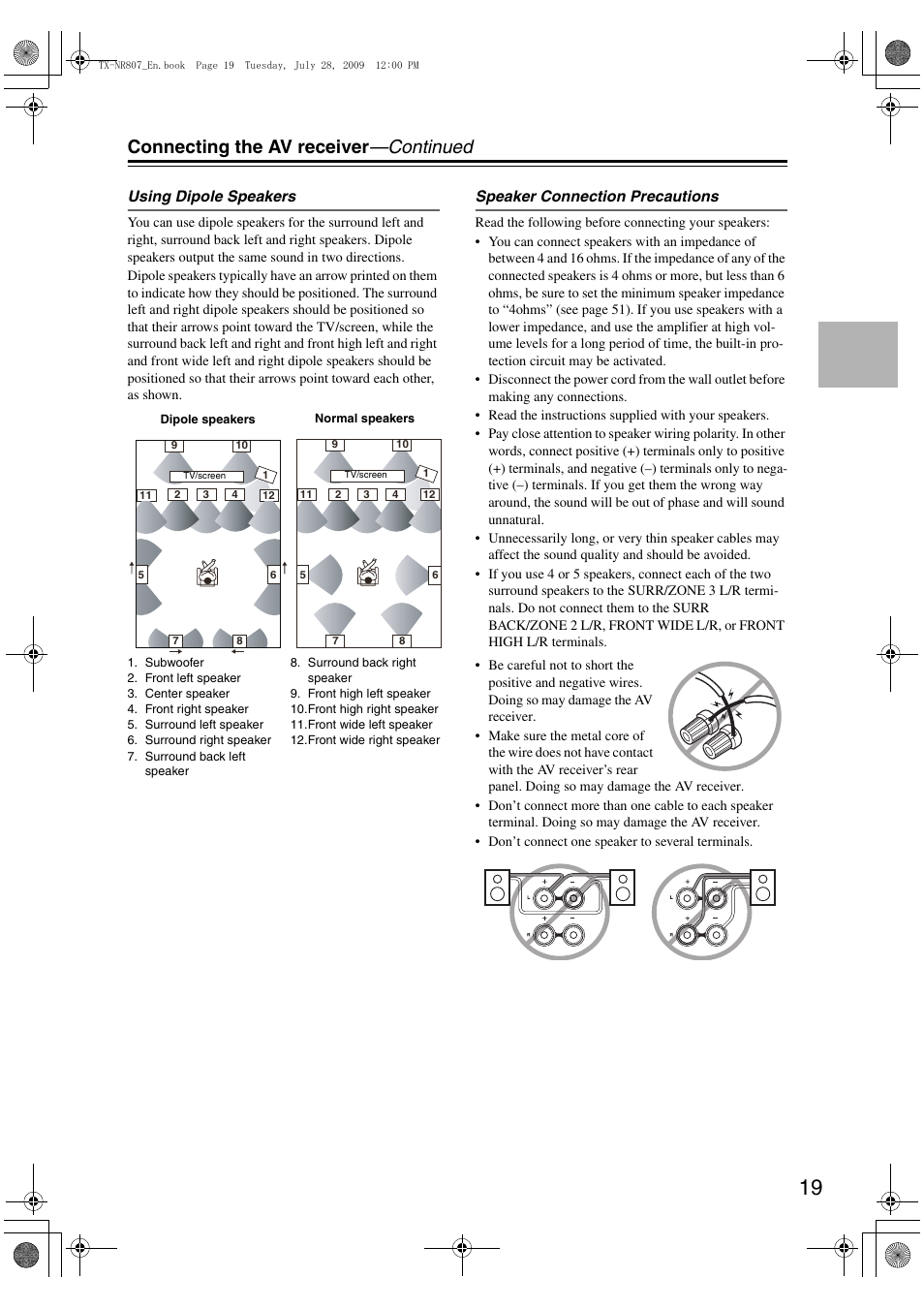 Connecting the av receiver —continued | Onkyo HT-RC180 User Manual | Page 19 / 148