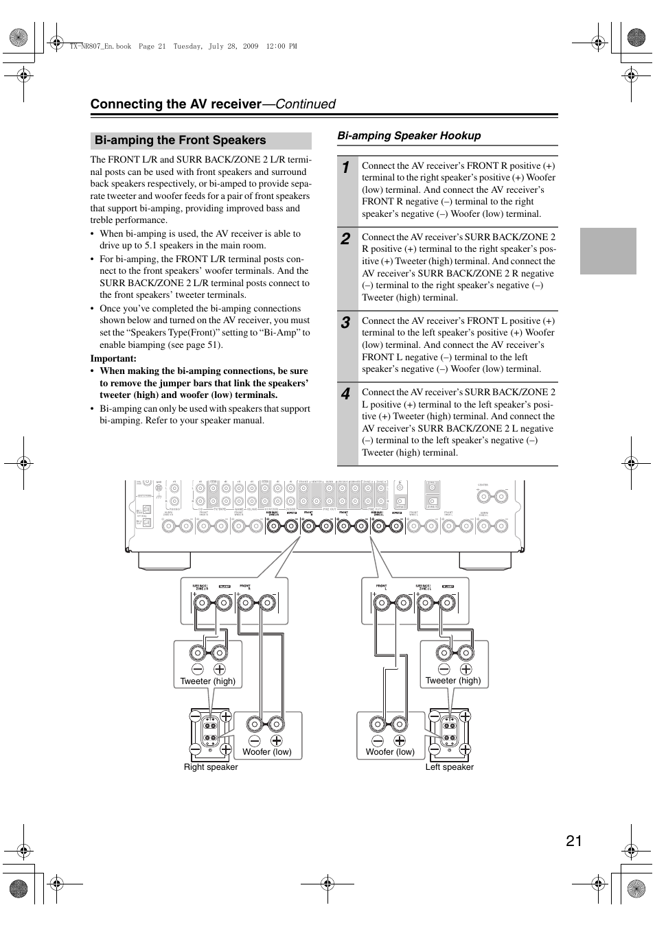 Bi-amping the front speakers, Bi amp indicator (21) | Onkyo HT-RC180 User Manual | Page 21 / 148