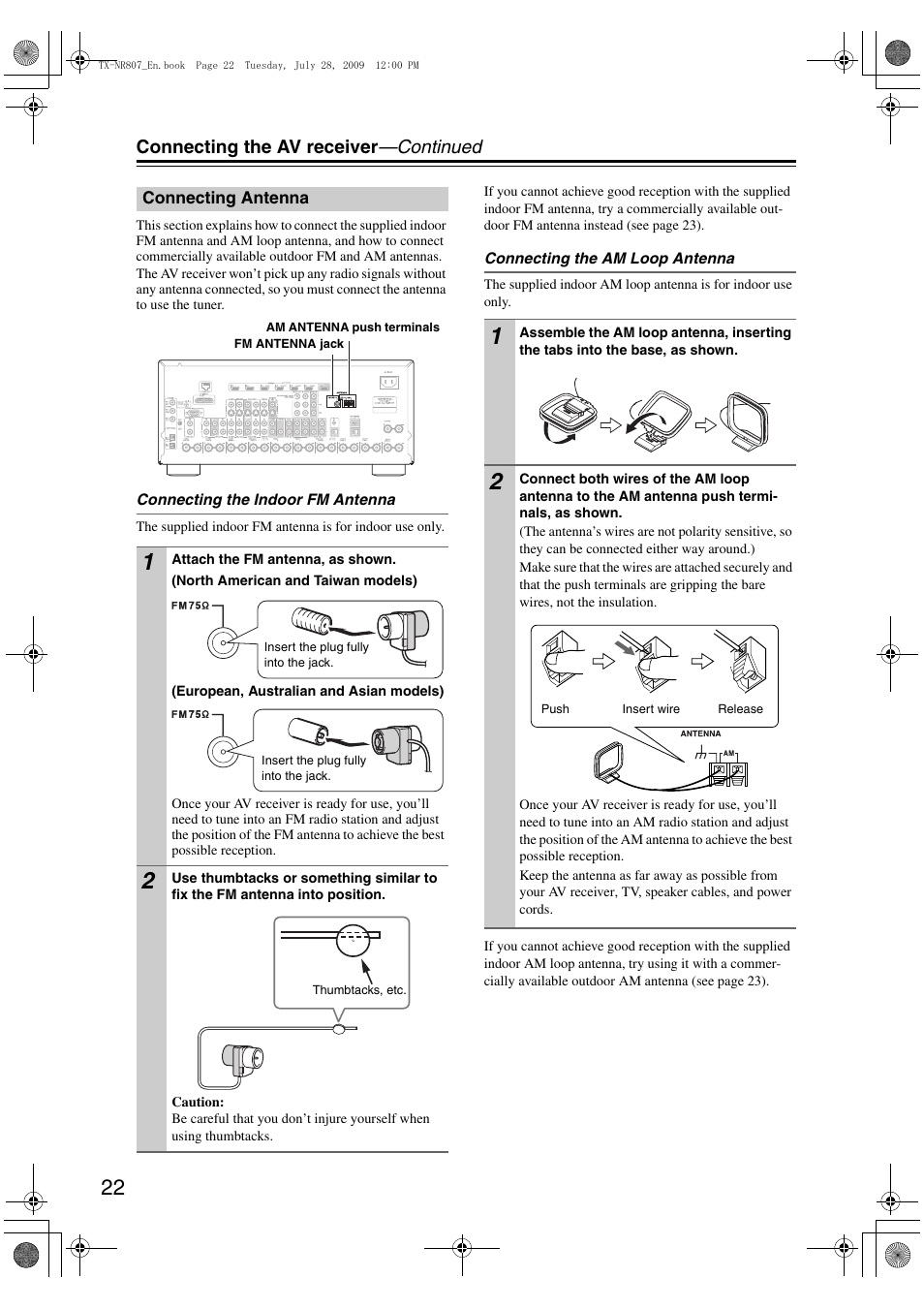 Connecting antenna, Connecting the av receiver —continued | Onkyo HT-RC180 User Manual | Page 22 / 148