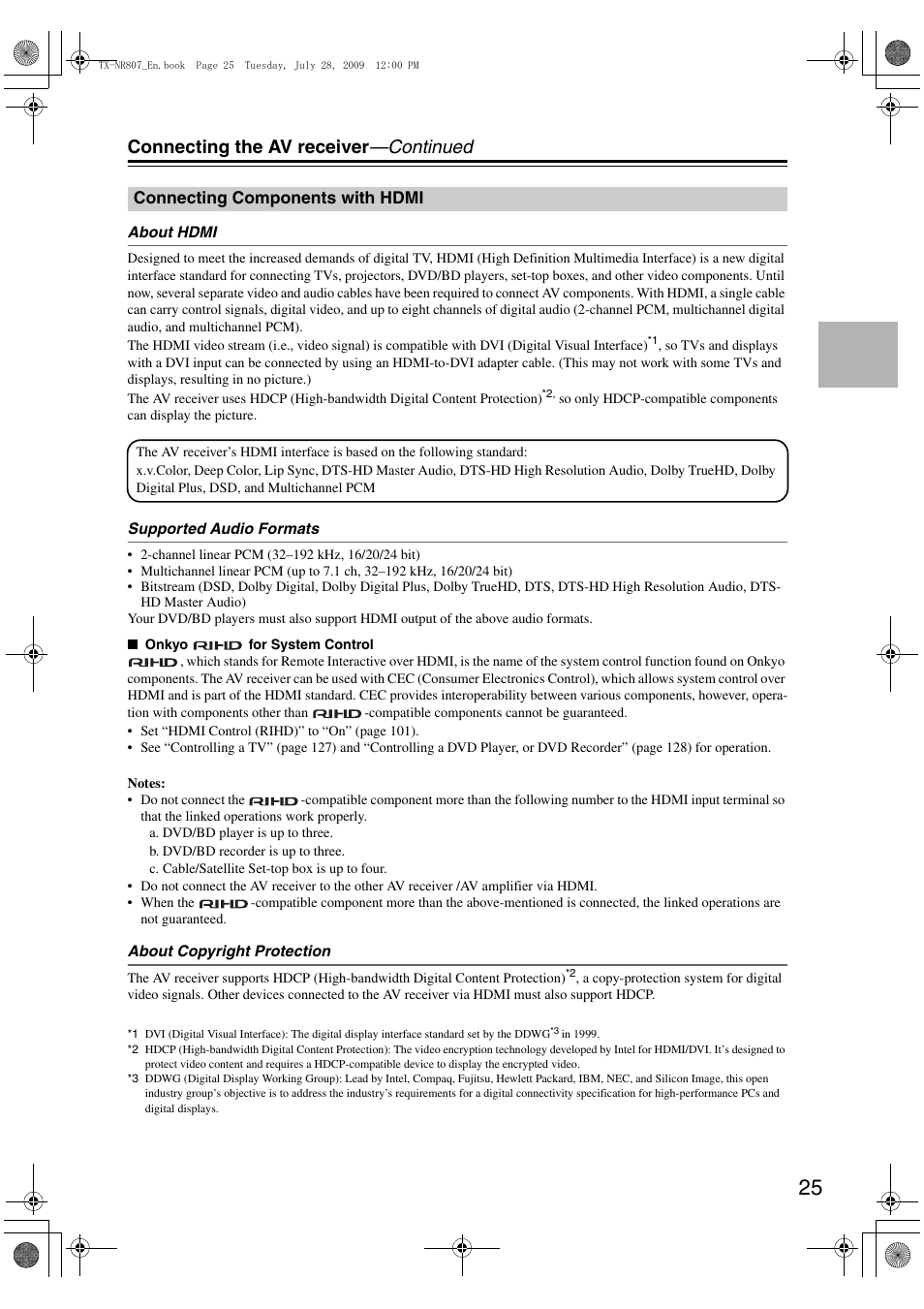 Connecting components with hdmi, Connecting the av receiver —continued | Onkyo HT-RC180 User Manual | Page 25 / 148