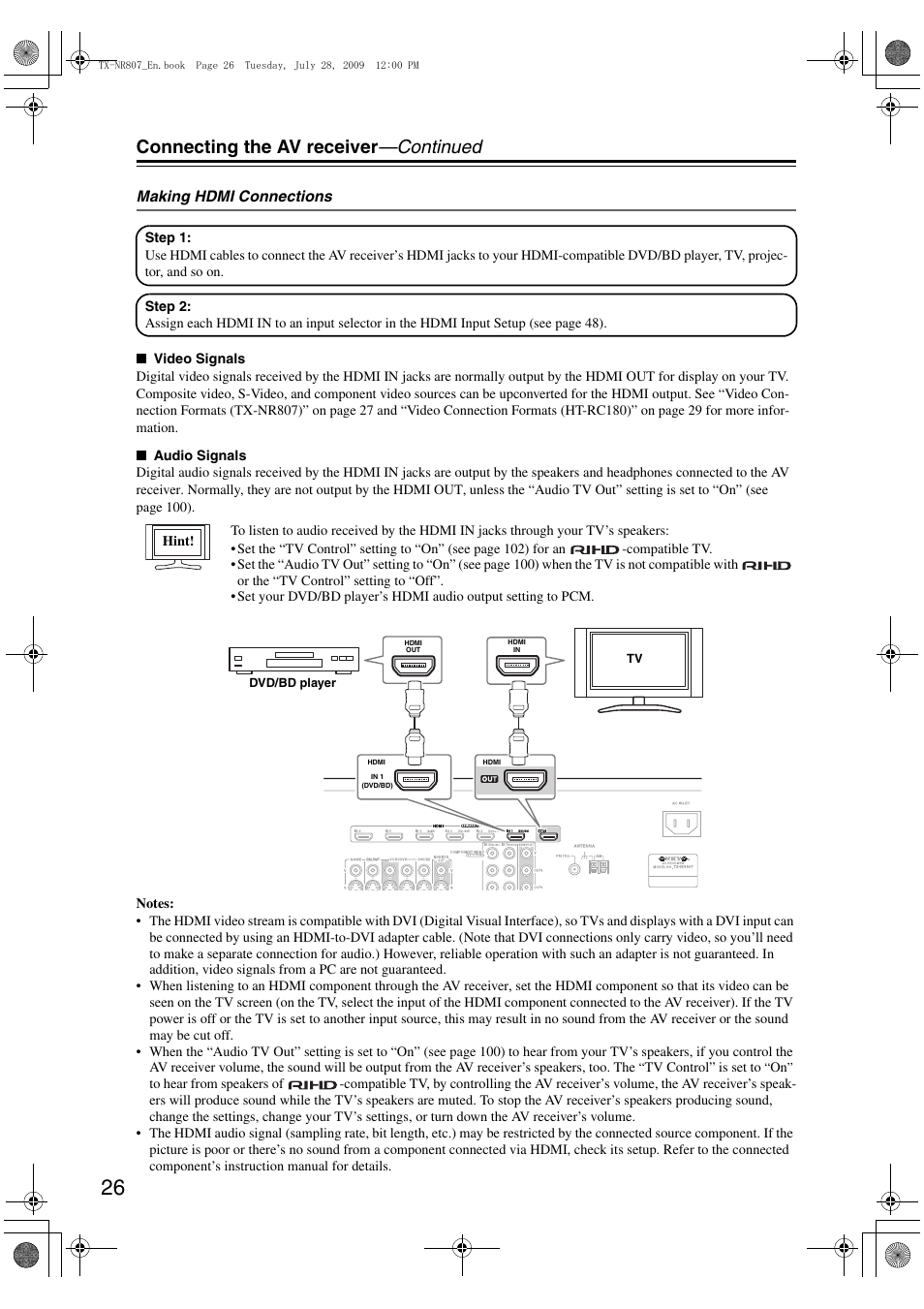 Connecting the av receiver —continued | Onkyo HT-RC180 User Manual | Page 26 / 148