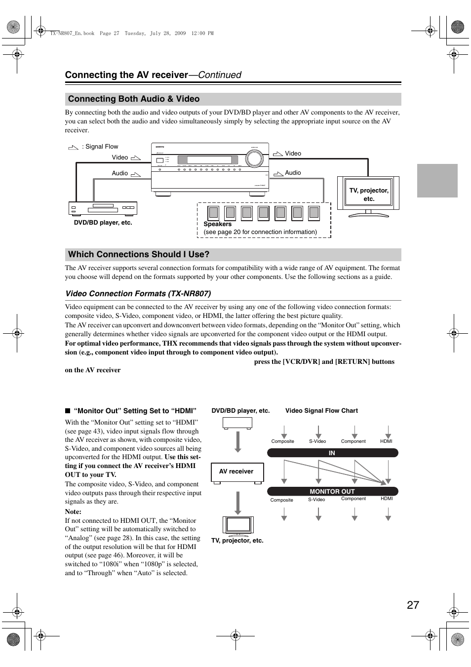 Connecting both audio & video, Which connections should i use, Connecting the av receiver —continued | Onkyo HT-RC180 User Manual | Page 27 / 148